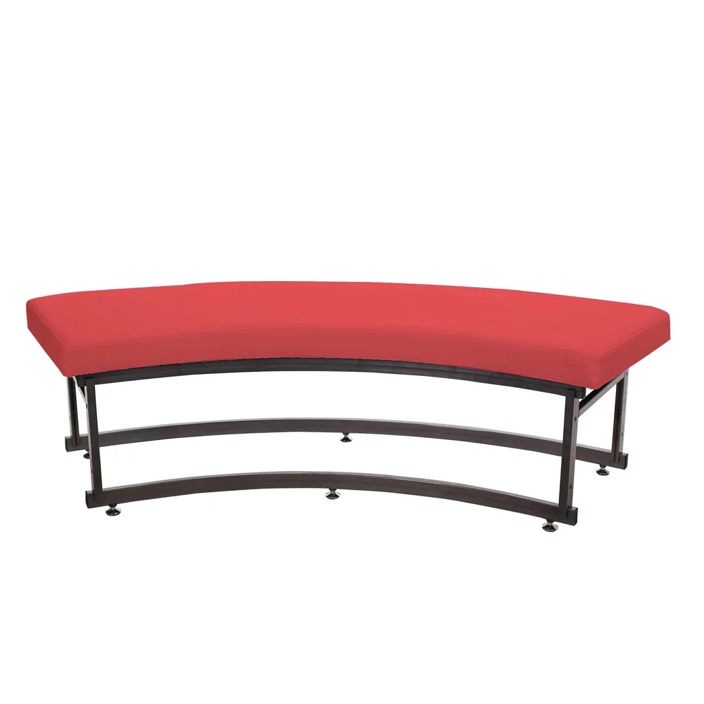 Curved bench in lacquered steel, cushion in red imitation leather