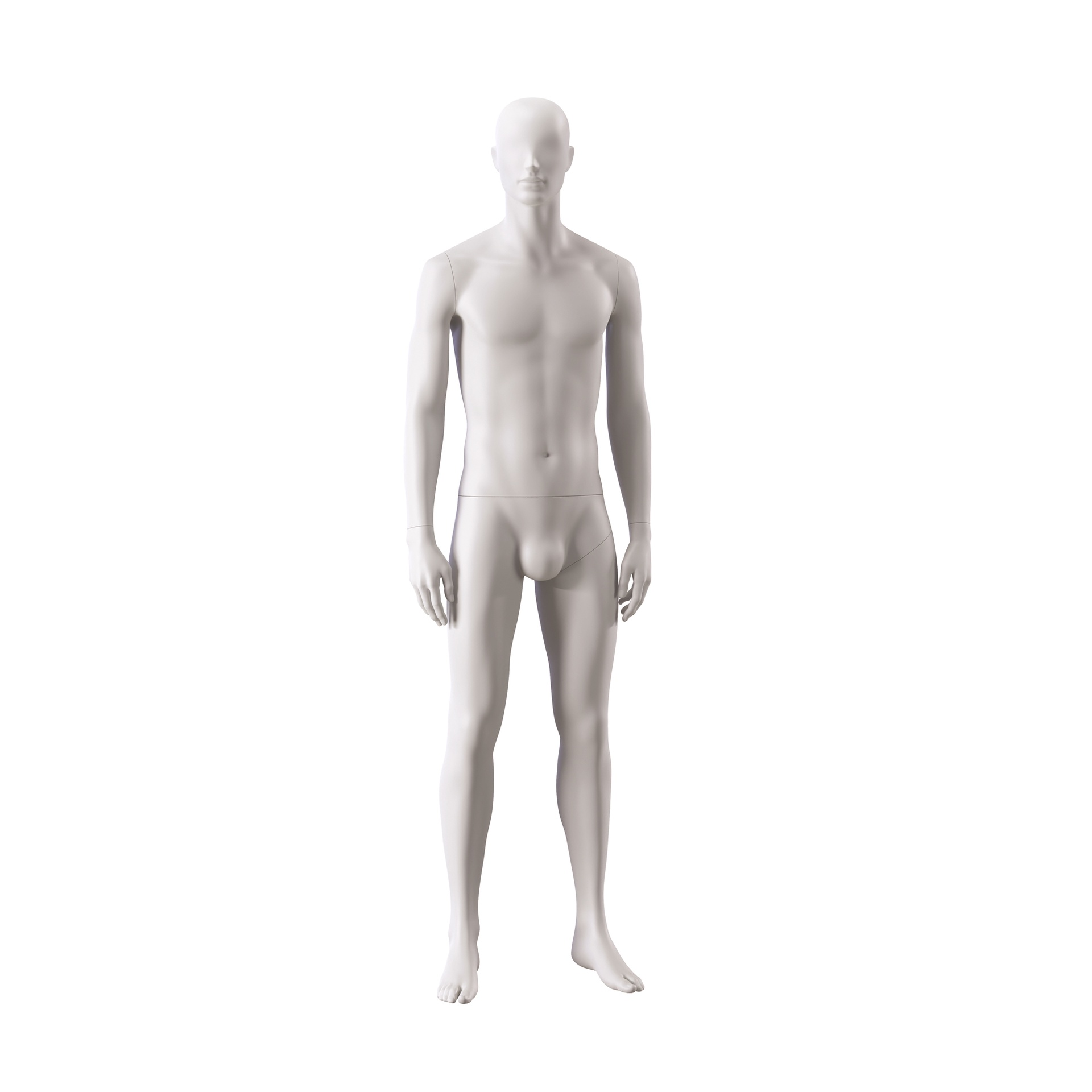 Basic male window mannequin, semi-abstract head, round tempered glass base, soft clay matt, pose 103