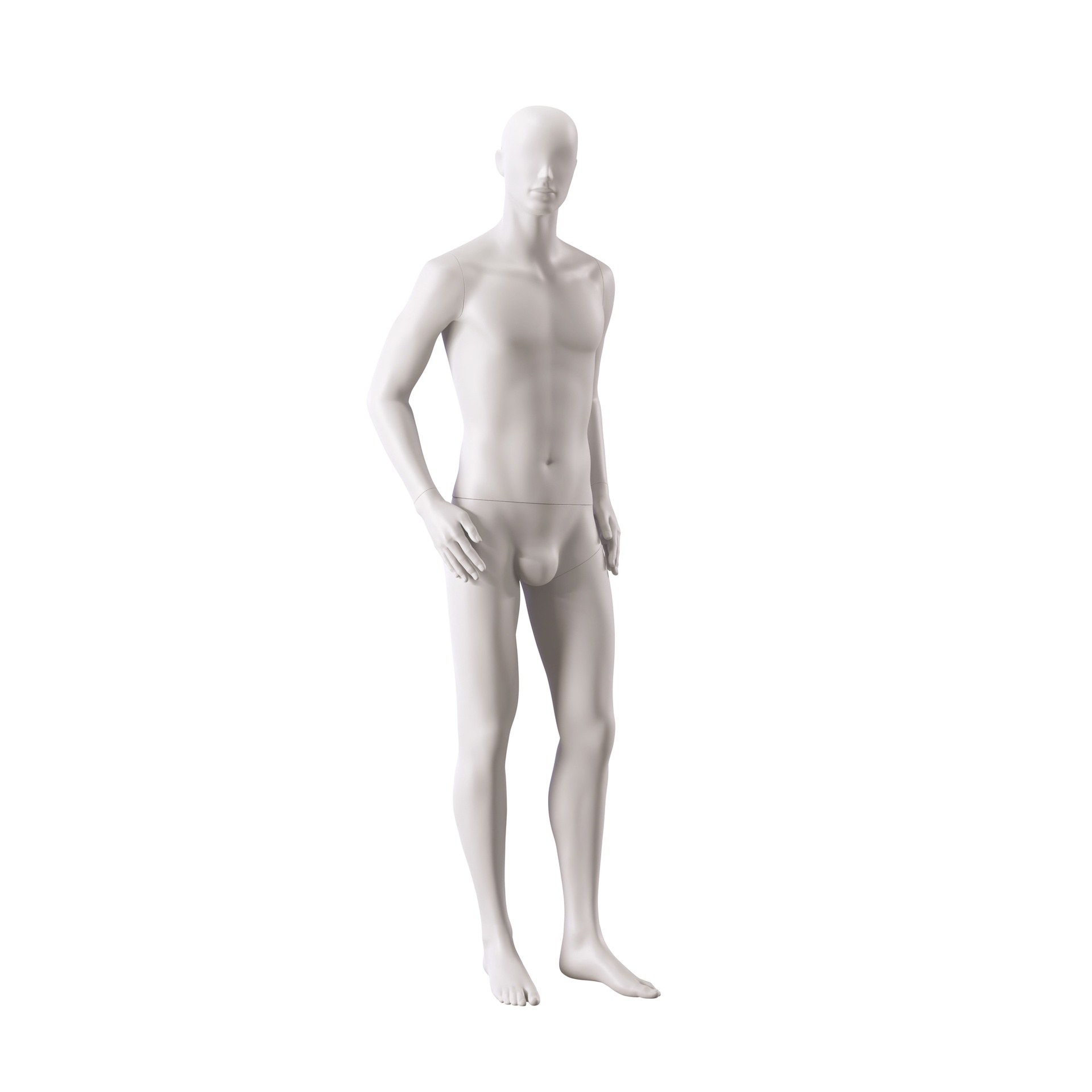 Basic male window mannequin, semi-abstract head, round tempered glass base, soft clay matt, pose 106