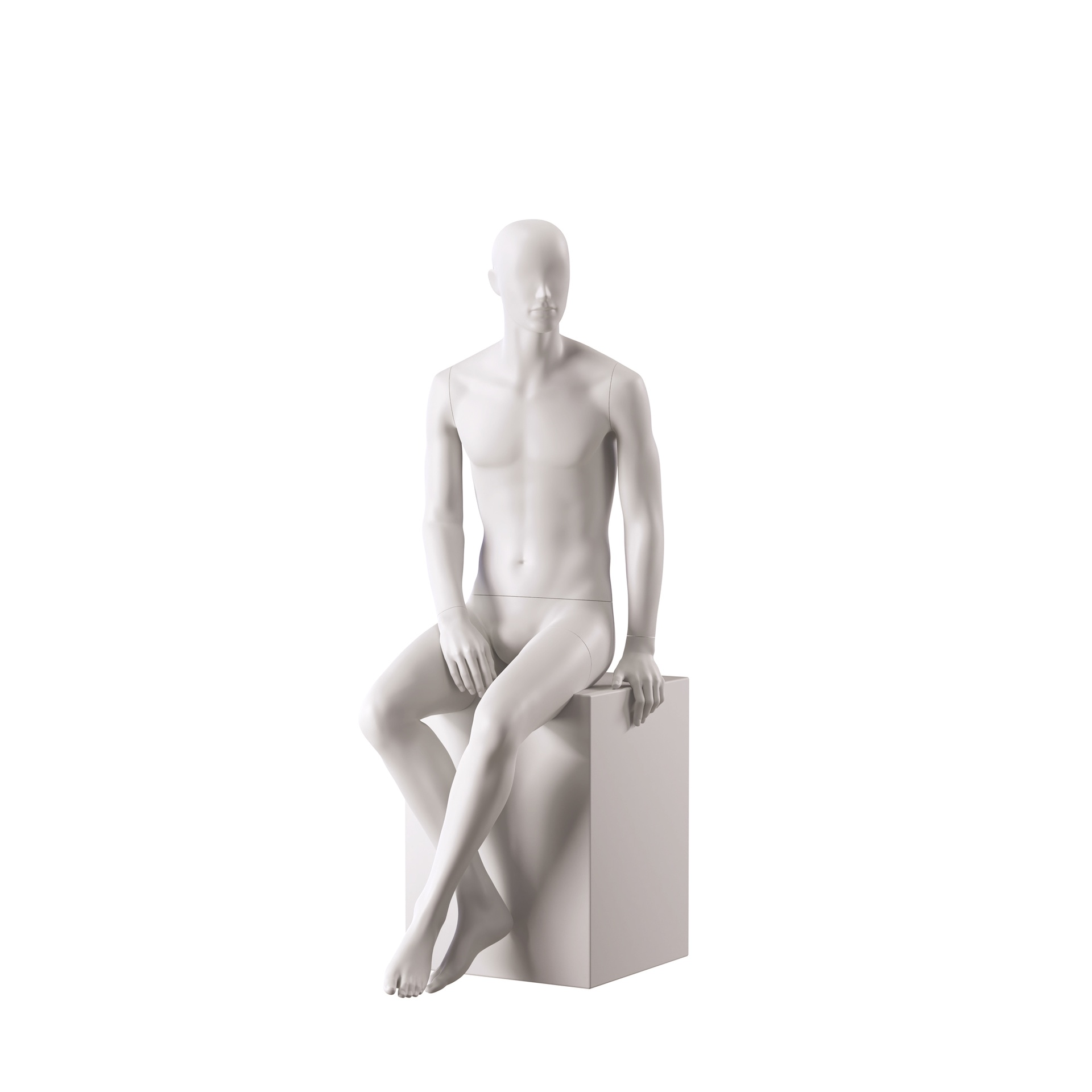 Basic male window mannequin, semi-abstract head, round tempered glass base, soft clay matt, pose 107