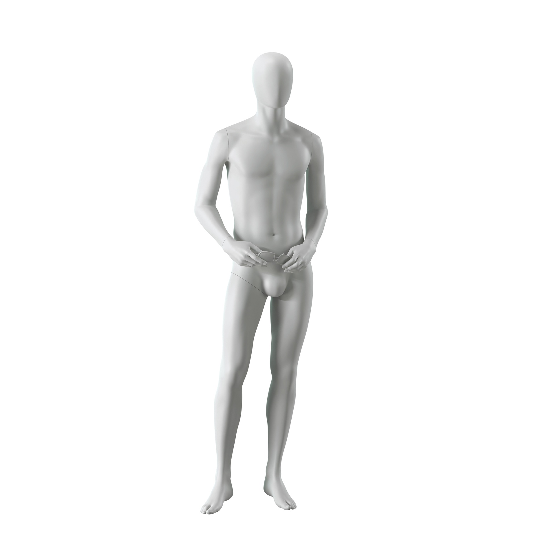 Mannequin homme abstrait gris, avec tête abstraite, socle en verre, pose M111