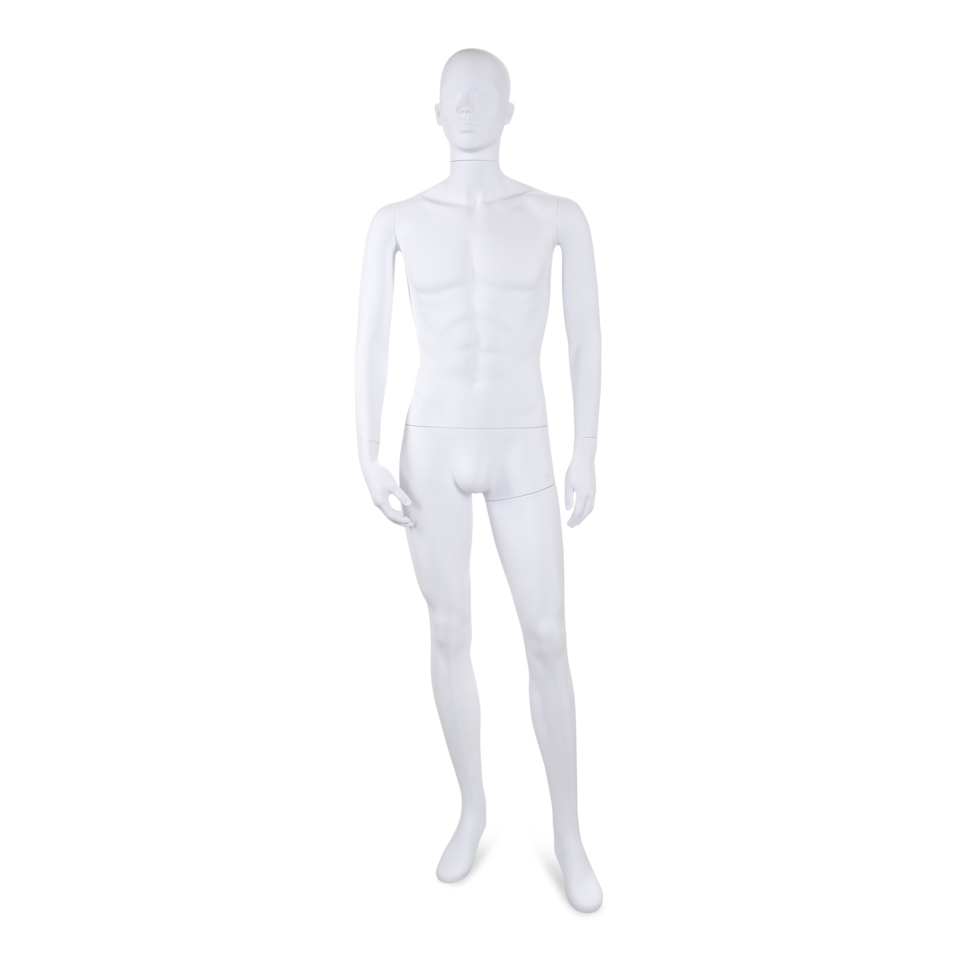 Unbreakable male mannequin, semi-abstract head, recyclable mannequin made from ABS plastic, matte white, pose 08