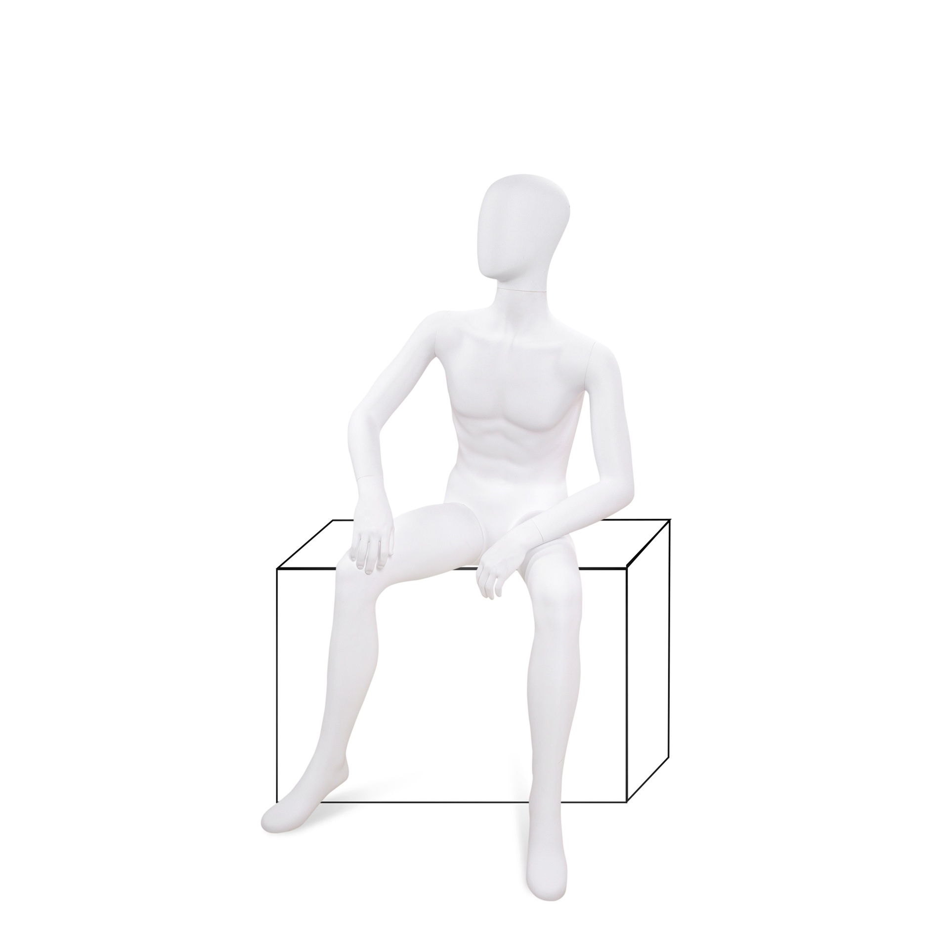 Unbreakable male mannequin, abstract head, recyclable mannequin made from ABS plastic, matte white, pose 12