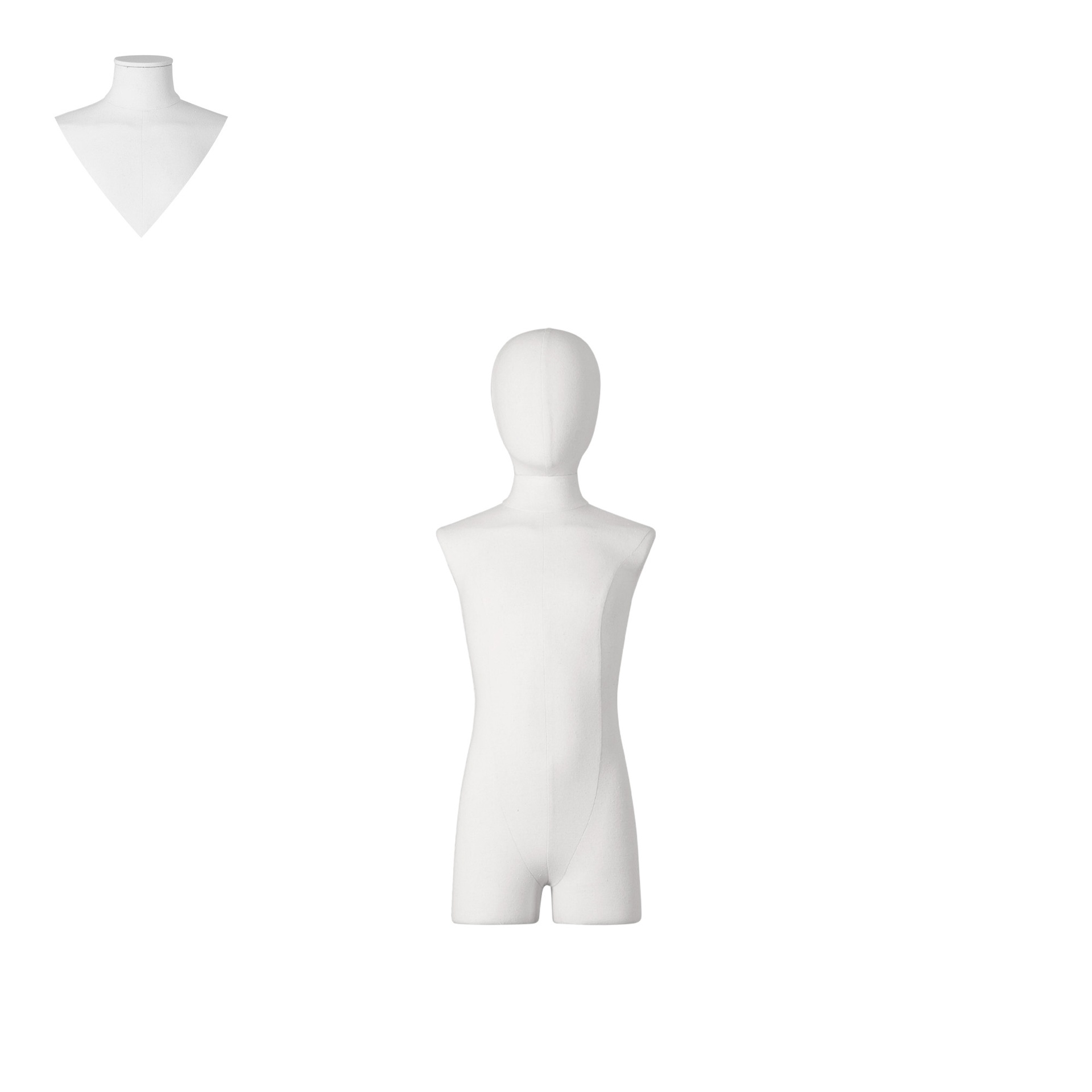 Dress form with legs, child, 8 years, covered with white woven fabric, removable abstract head