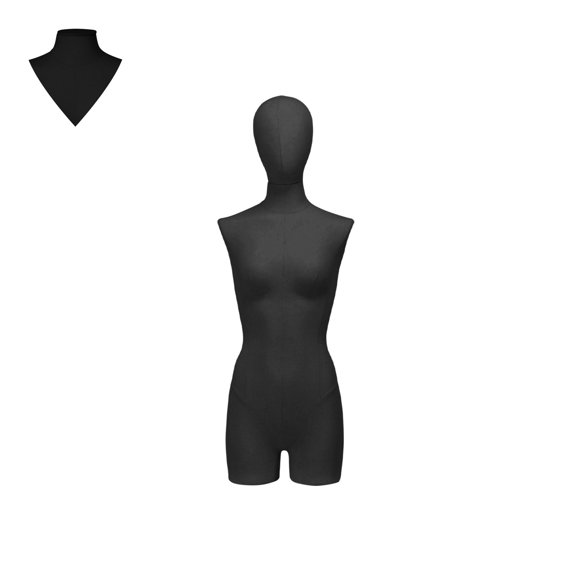 Dress form with legs, female, size 36, covered with black woven fabric, removable head