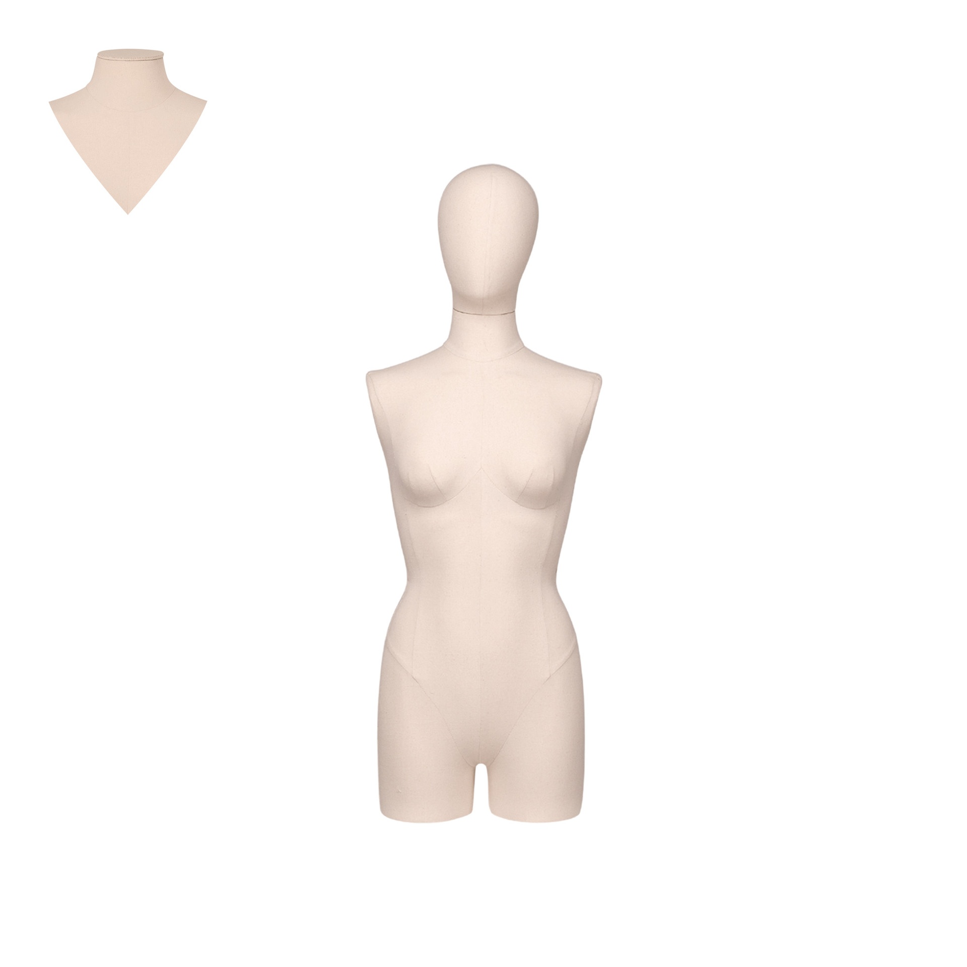 Busto de costura mujeres con piernas, talla 38, cubierto con tela cruda, cabeza desmontable.