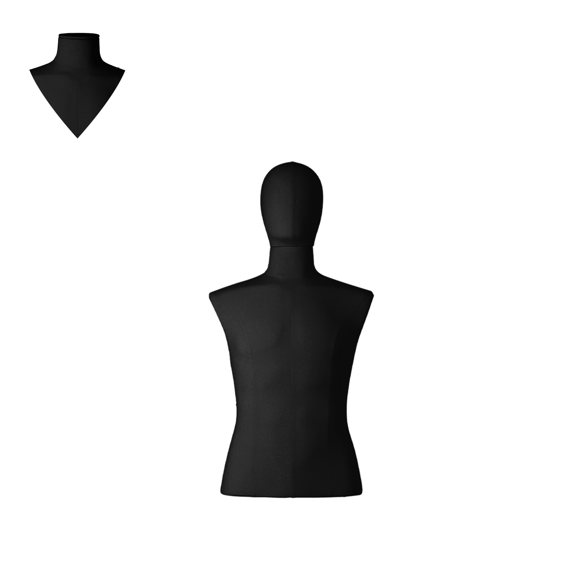 Dress form, short model, male, size M, covered with black woven fabric, removable head