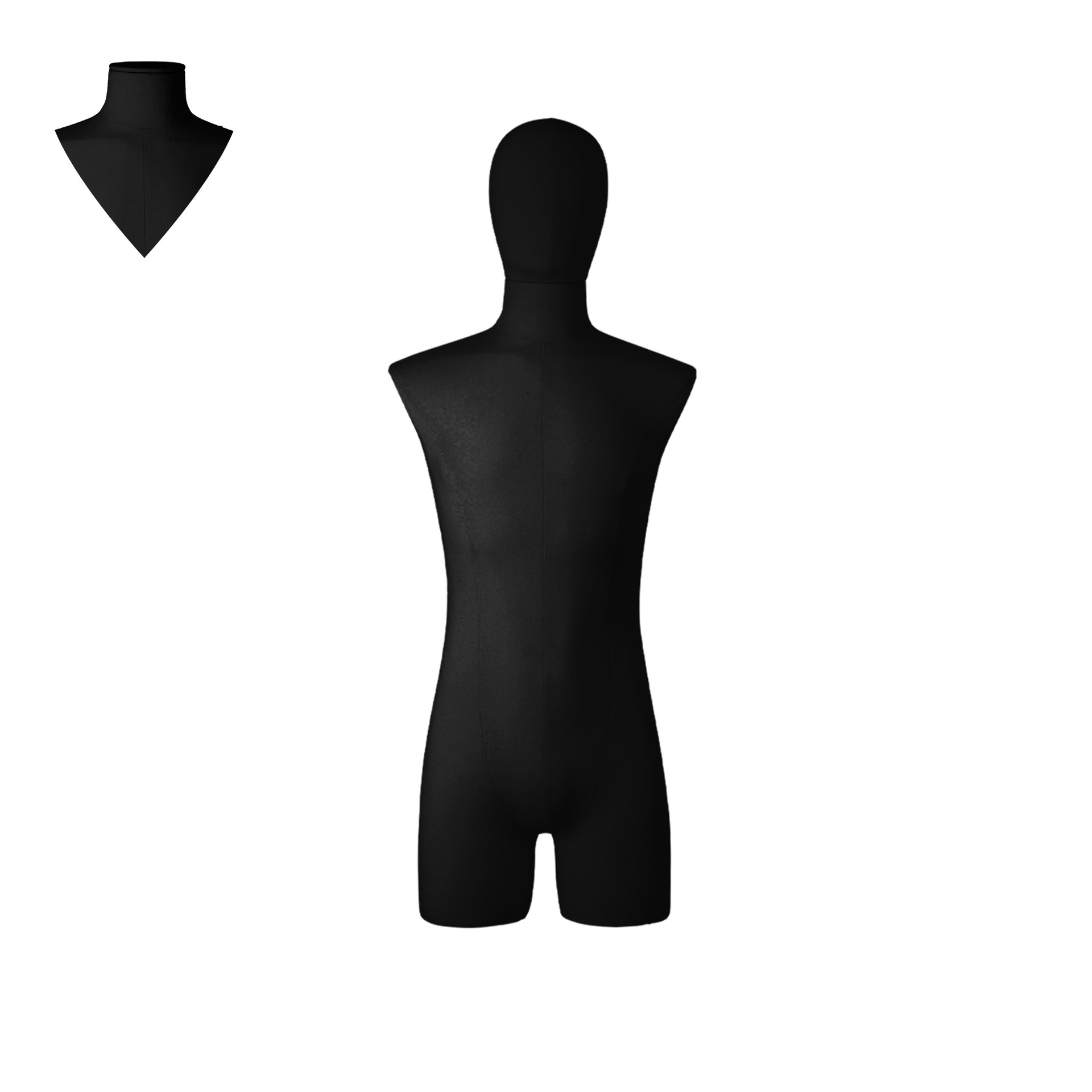 Dress form with legs, male, size M, covered with black woven fabric, removable head