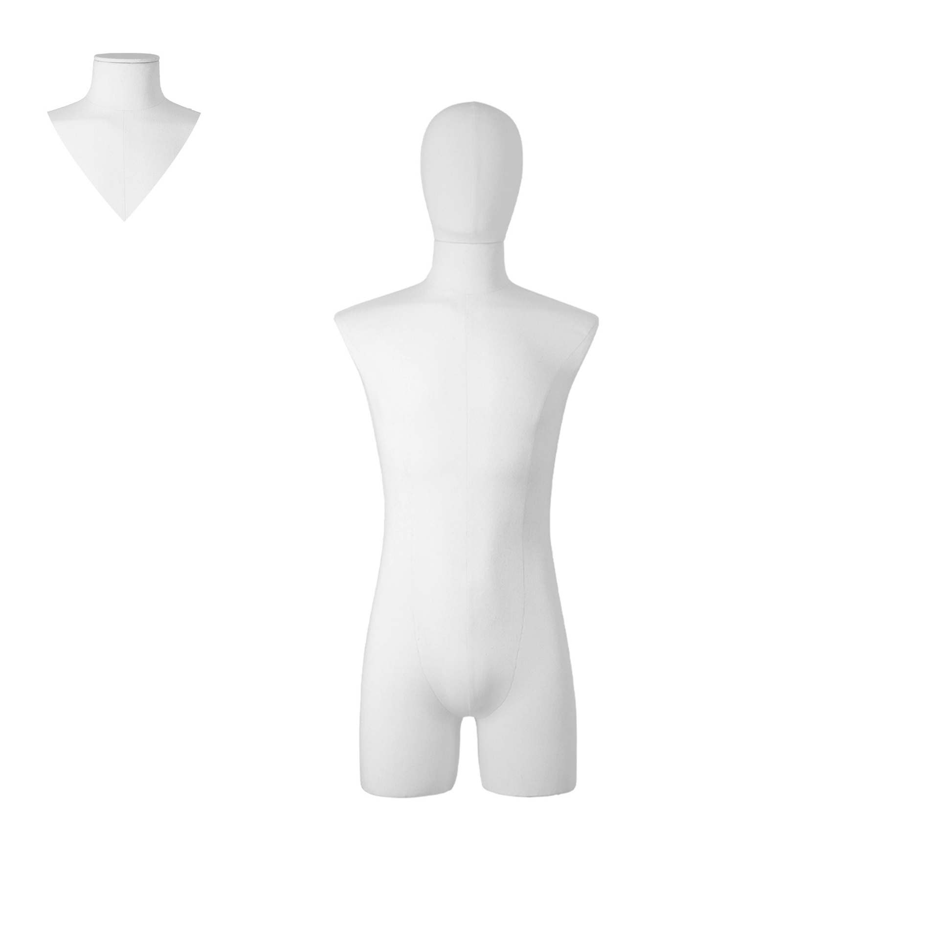 Dress form with legs, male, size M, covered with white woven fabric, removable head