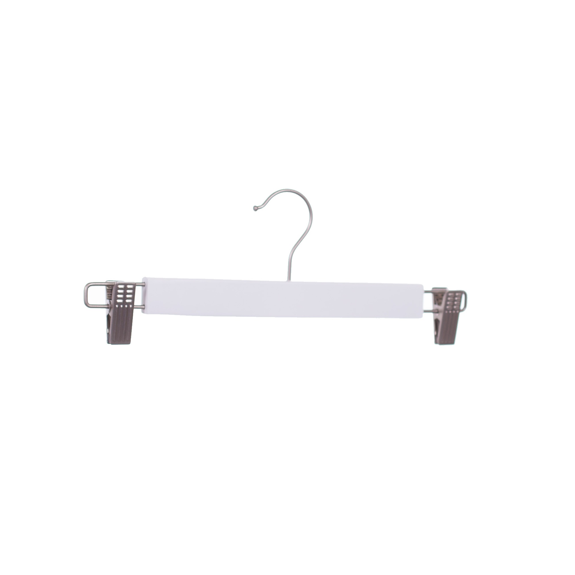 White clothes hanger with clips for adult clothes, lotus wood, white matt finish, 34 cm, matt hook - box of 100 pieces