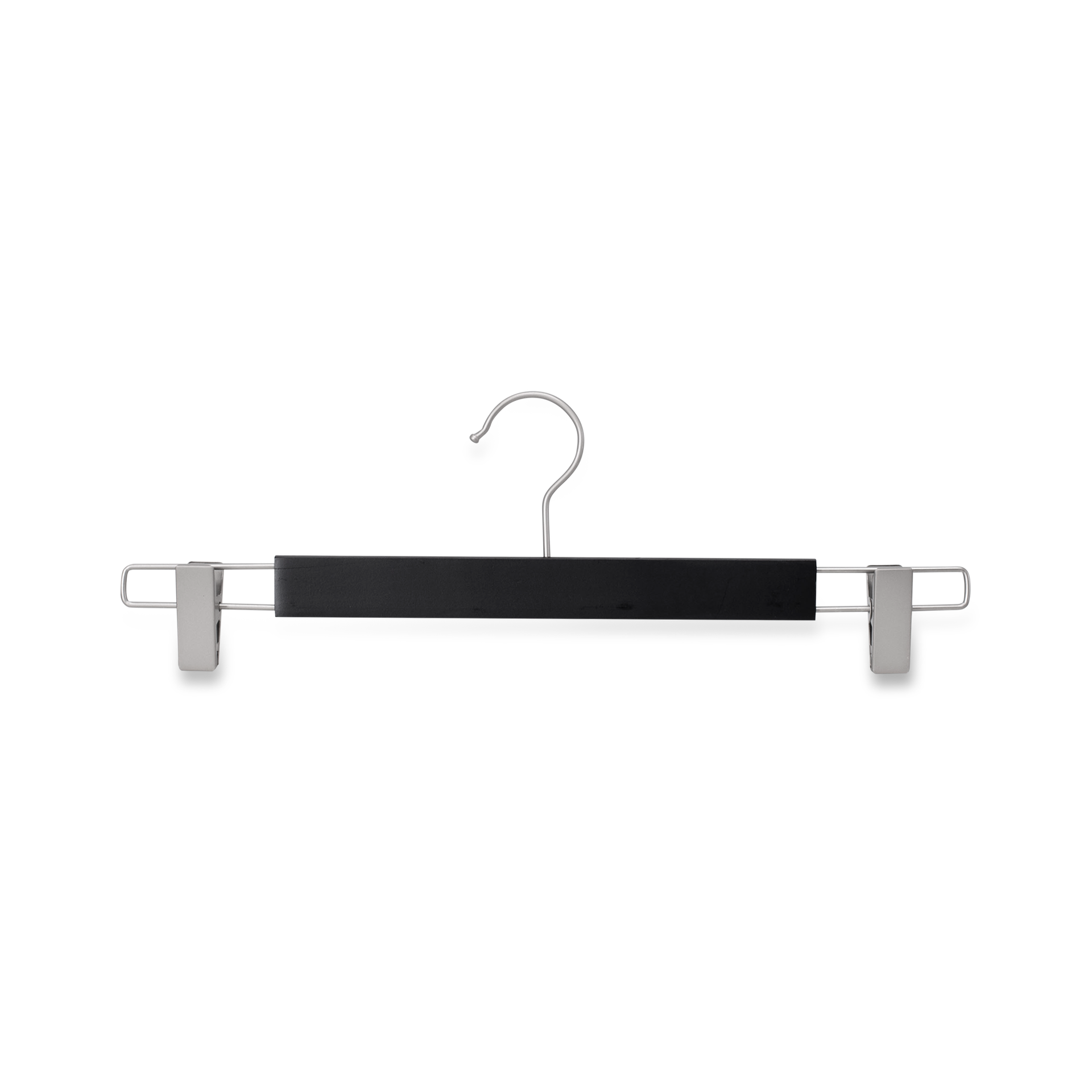 Black clothes hanger with clips for trousers/skirs, lotus wood, matt black finish, 38 cm, matt hook - box of 100 pcs