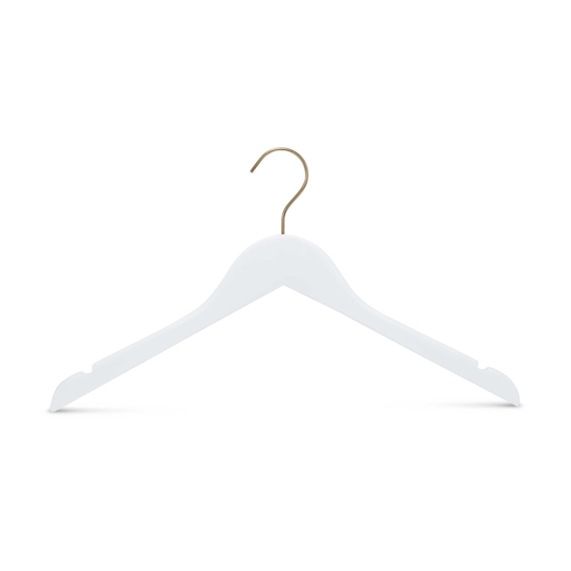 Clothing hanger for women's clothes, white wood, 41 cm, gold shiny hook - box of 100 pcs