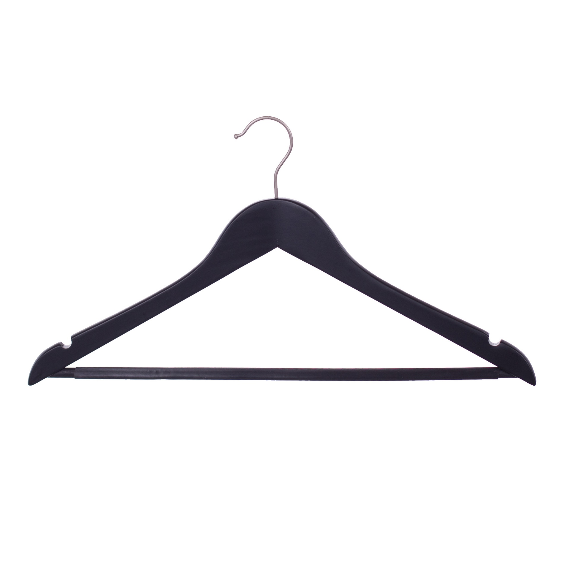 Black clothes hanger with anti-slip trouser bar for adult clothes, lotus wood, black matt finish, 44 cm, matt hook - box of 100 pcs