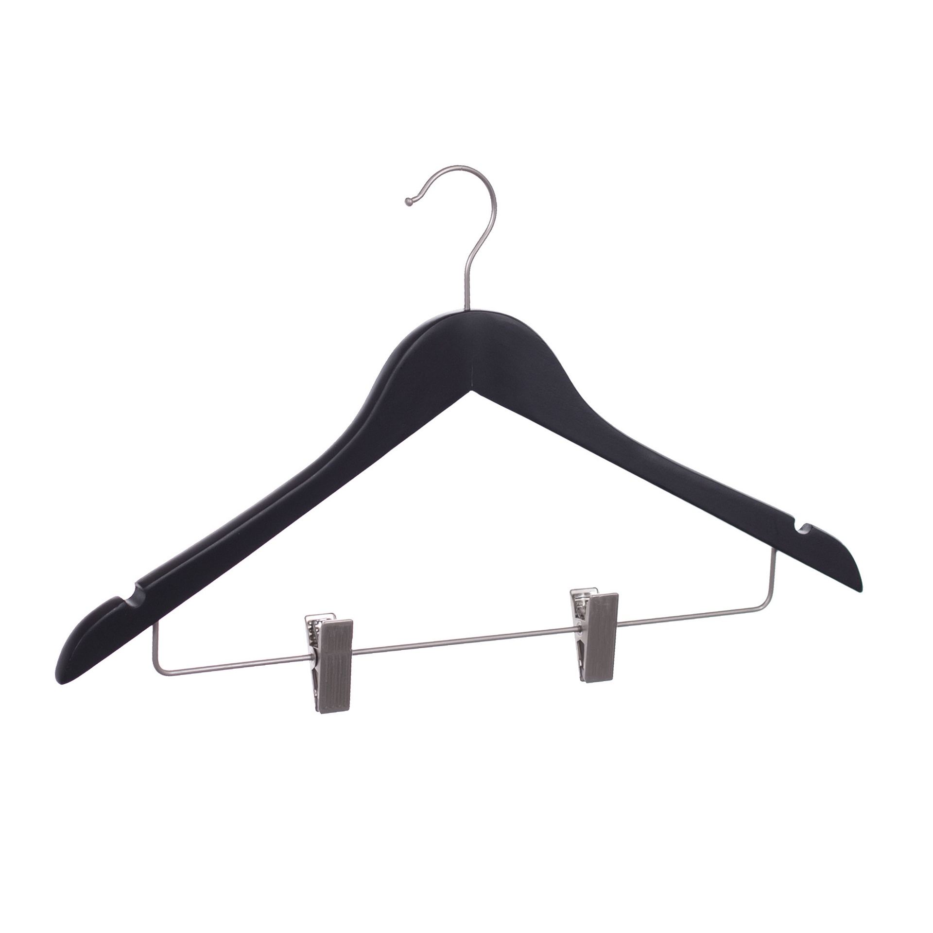 Black clothes hanger with clips for adult clothes, lotus wood, black matt finish, 44 cm, matt hook - box of 100 pcs