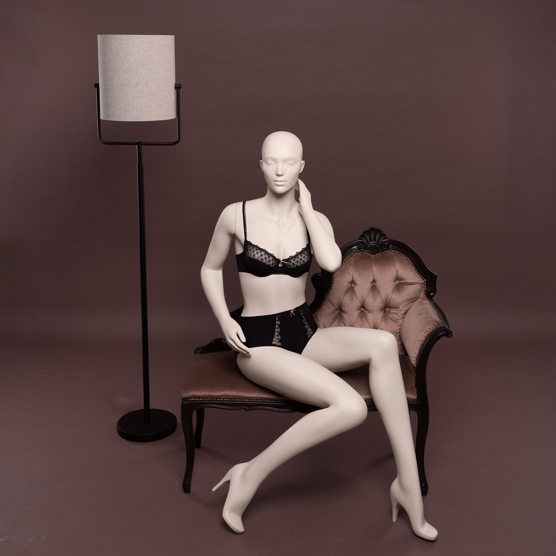 Lingerie mannequin, female, B-cup, nude skin color mat, seated pose 08B