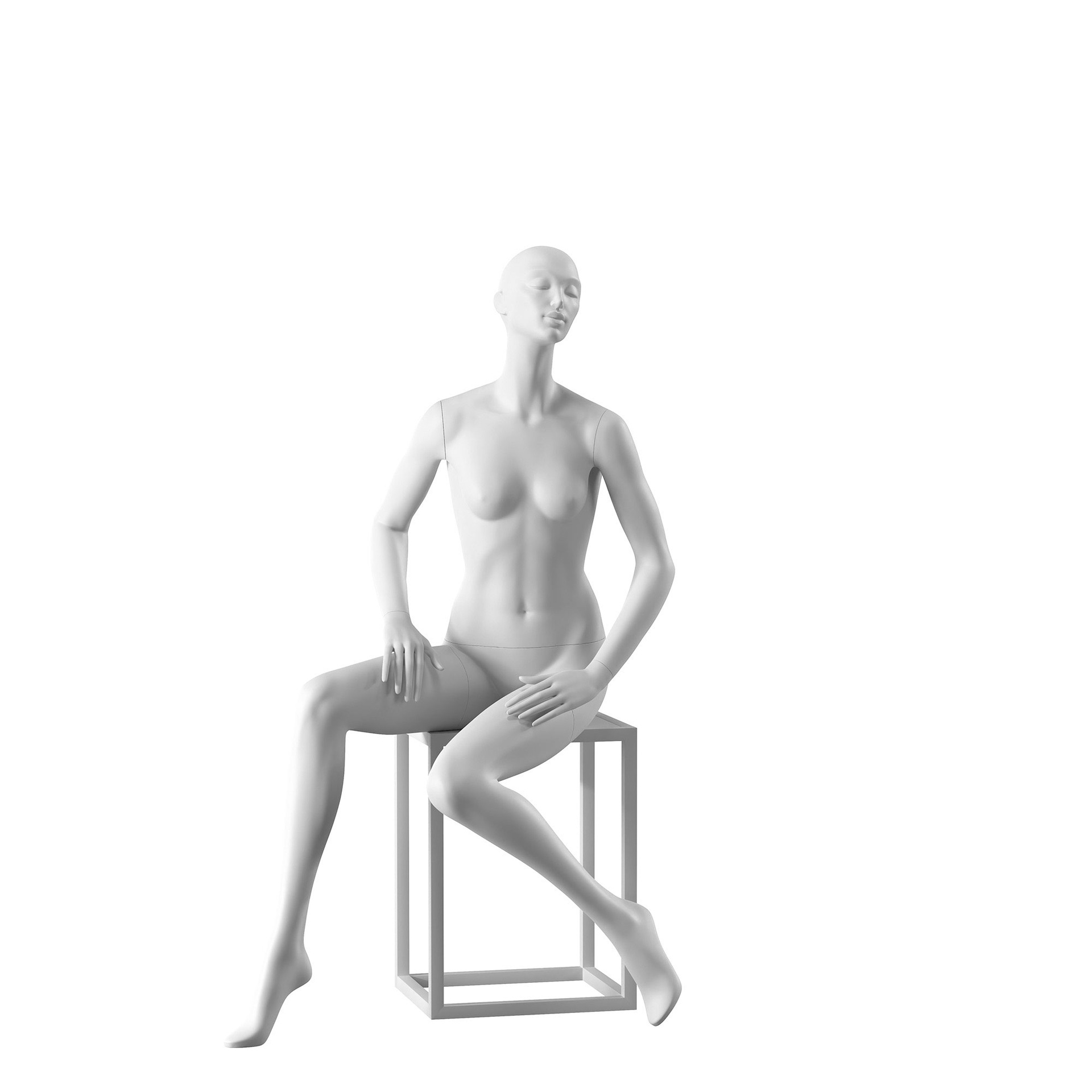 Designer mannequin, female, white color mat, seated pose 09