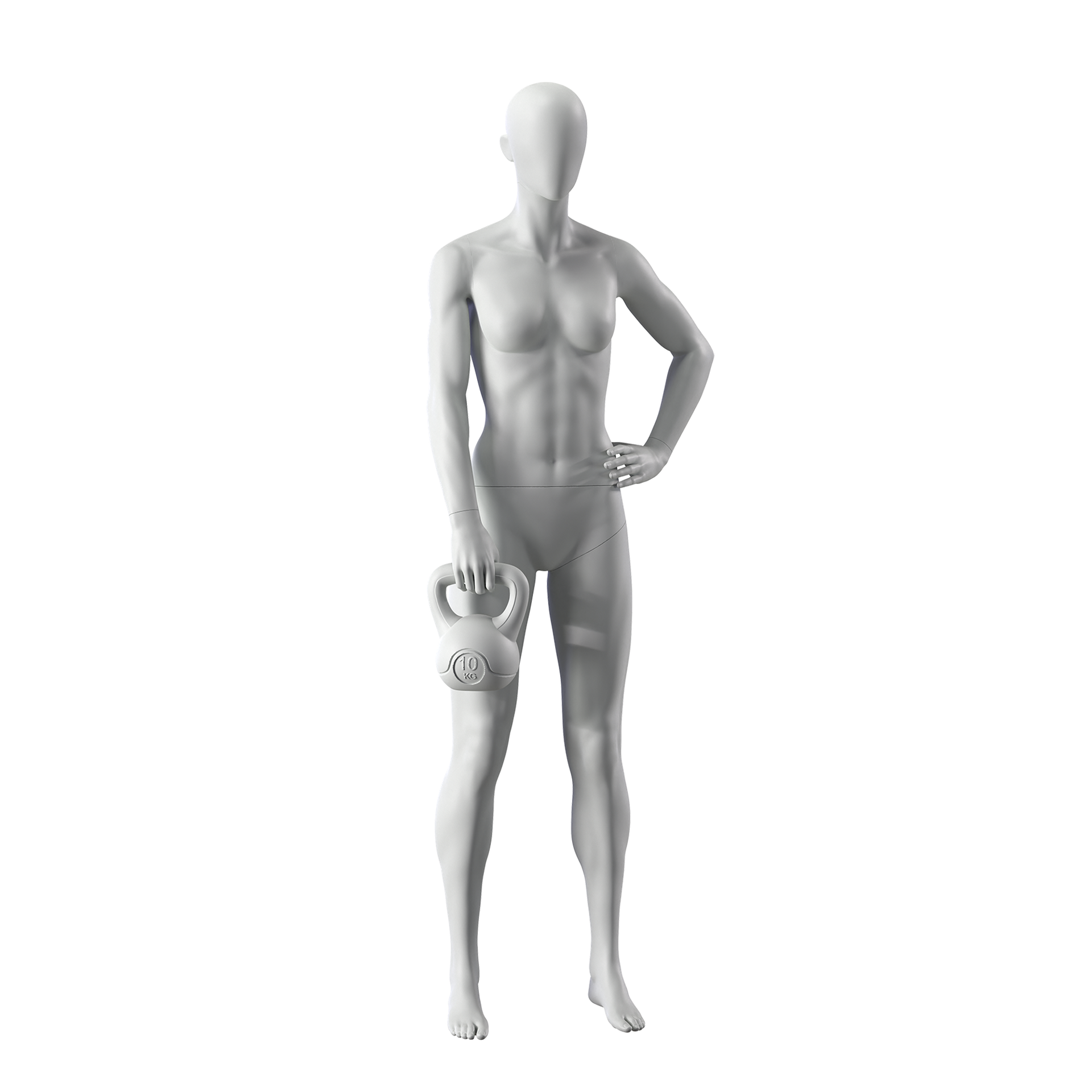 Kettlebell fitness mannequin, female, grey, abstract head, standing pose 11