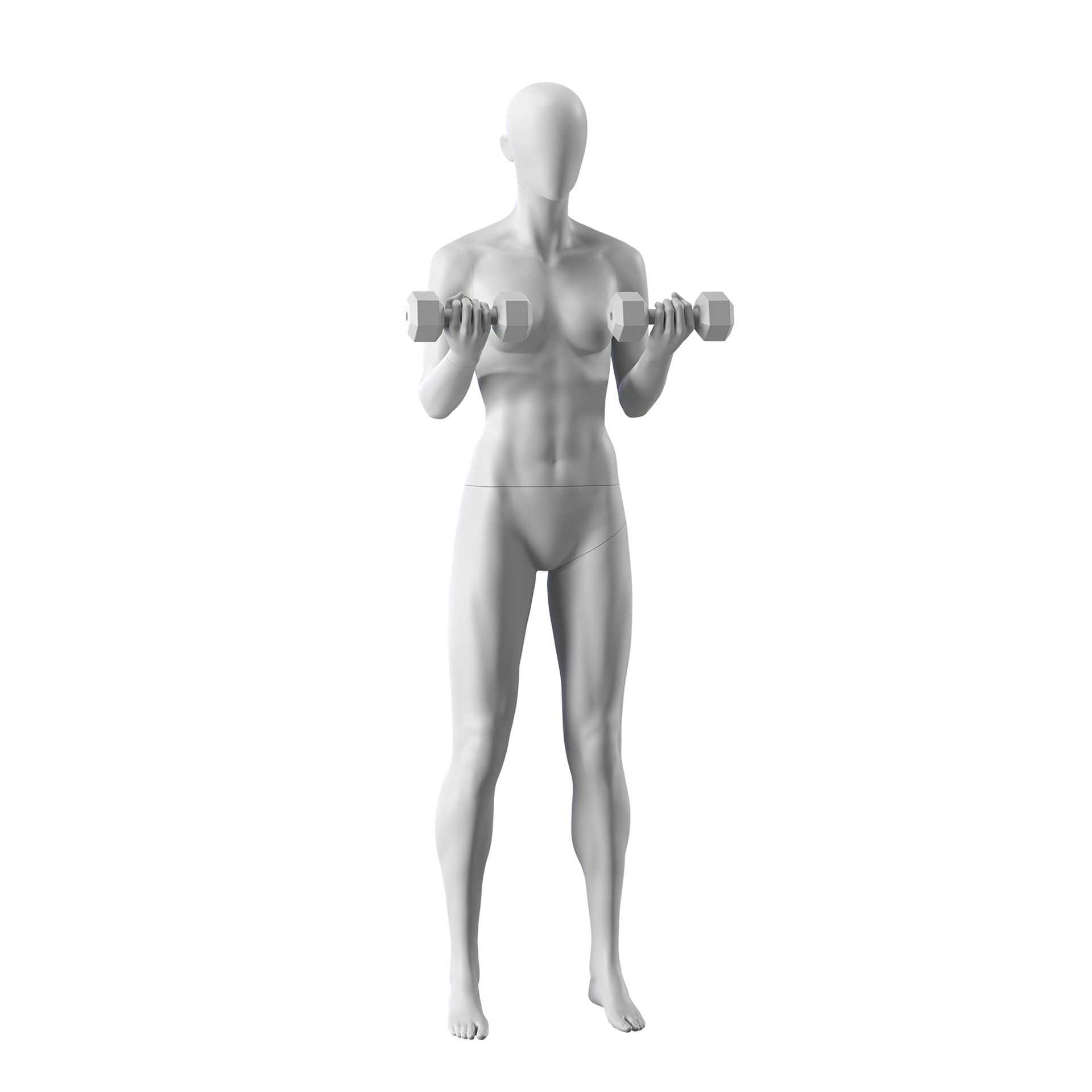 Mannequin sportif de fitness kettlebell, femme, gris, tête abstraite, pose debout 12