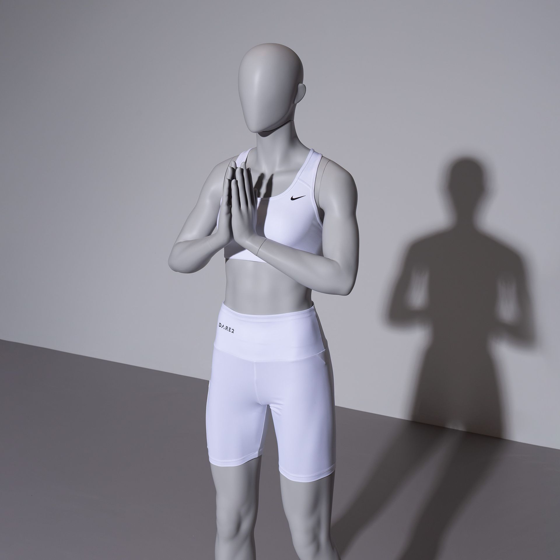 Yoga sport mannequin, female, grey, abstract head, standing pose 17