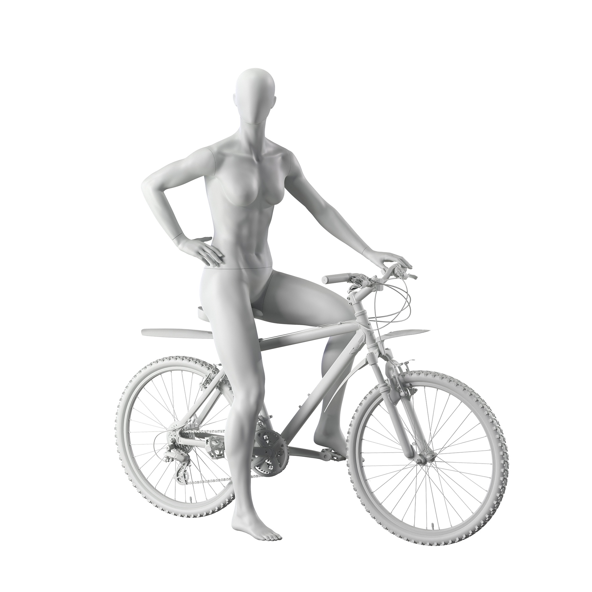 Mannequin sportif de cycliste, femme, gris, tête abstraite, pose debout 28