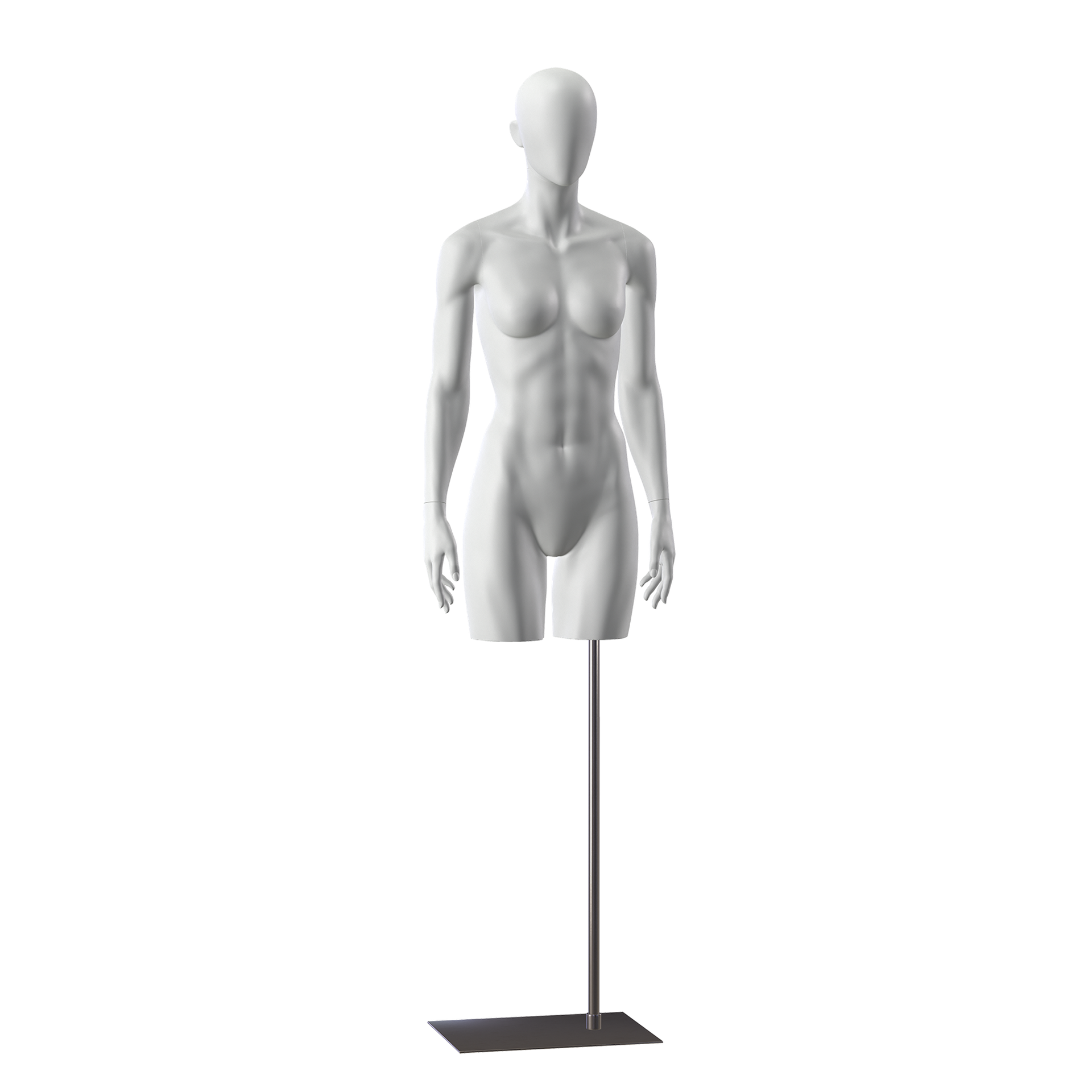 Torso sportif avec jambes, femme, gris, base métallique, tête abstraite, pose 201