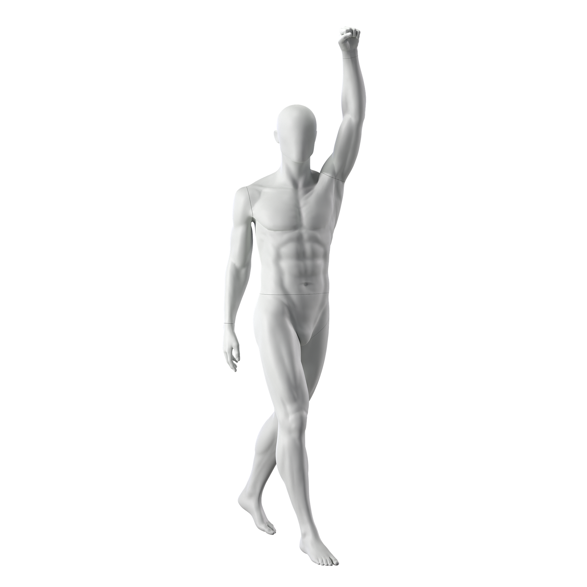 Cheering sport mannequin, male, grey, abstract head, standing pose 306