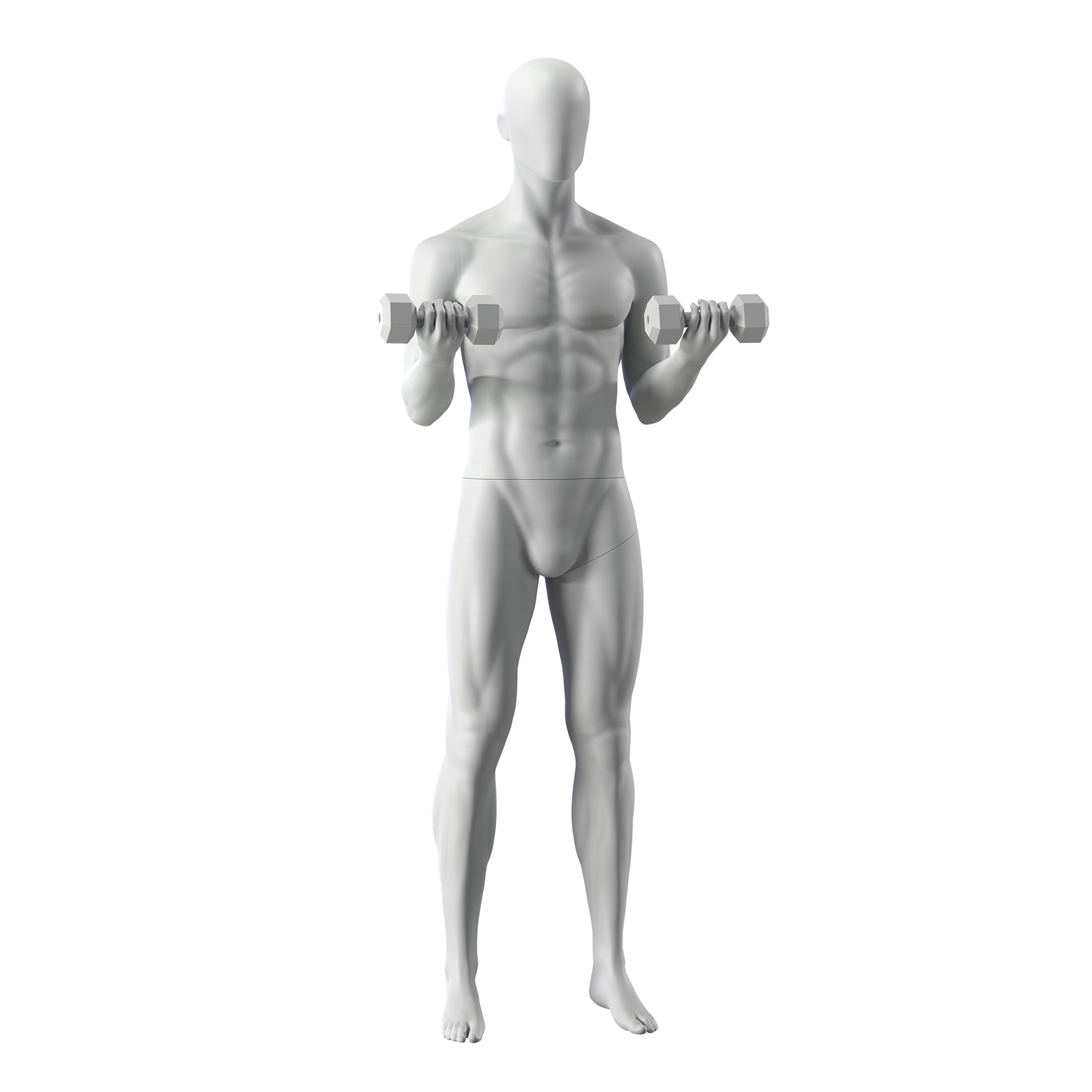 Fitness sport mannequin, male, grey, abstract head, standing pose 319