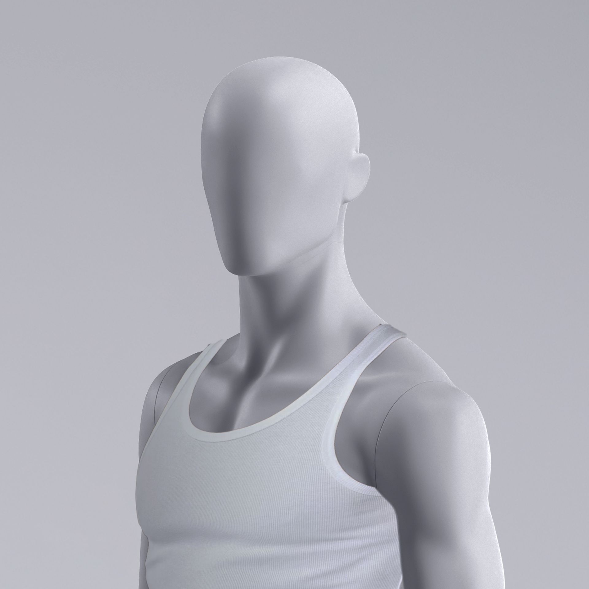 Maniquí de deporte hombre, gris, cabeza abstracta, postura sentada 326