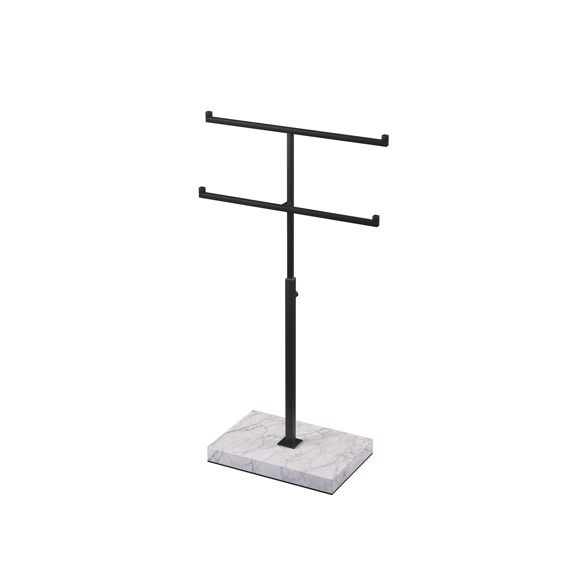 Double T-stand, for jewelry display, black powder-coated steel with marble-look base