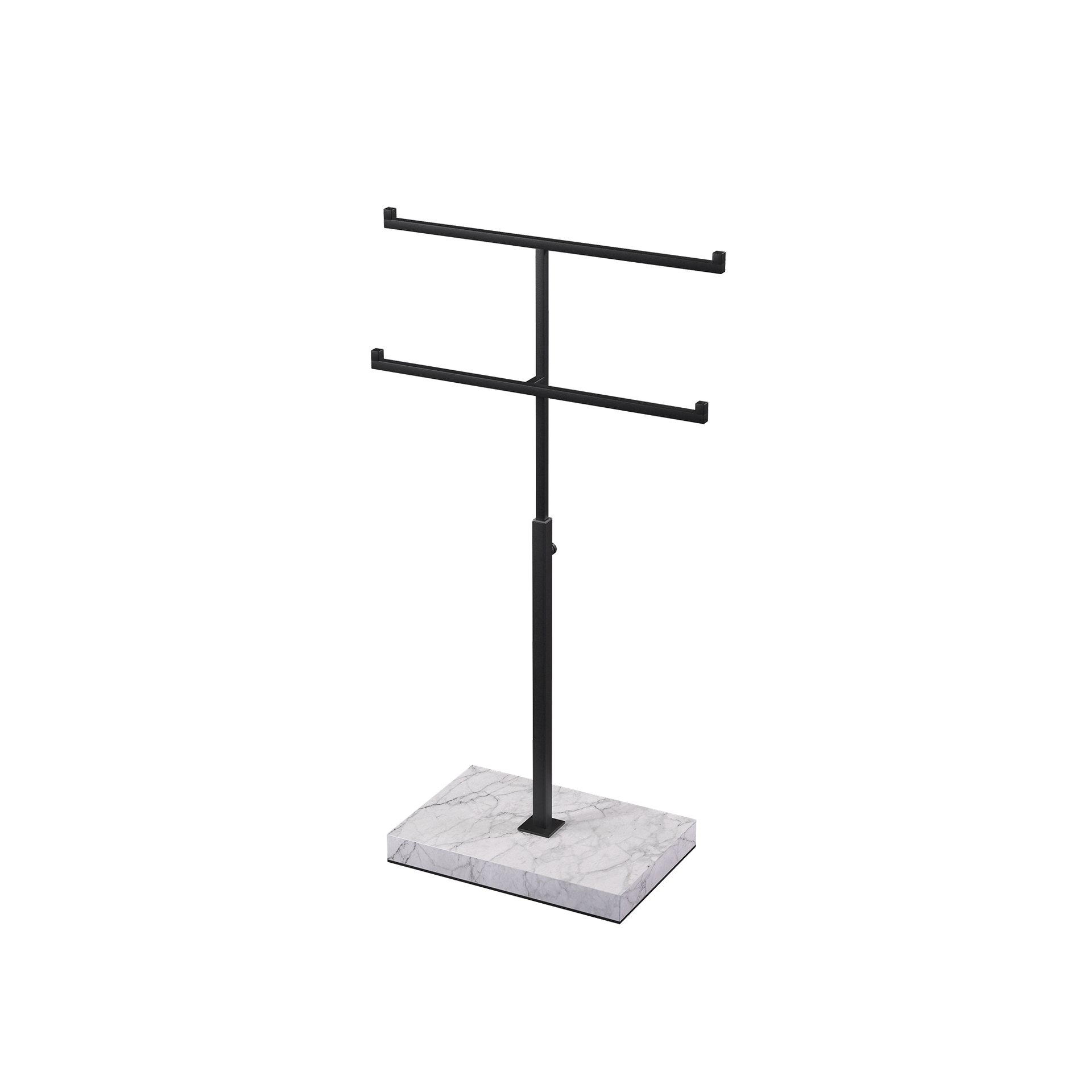 Double T-stand, for jewelry display, black powder-coated steel with marble-look base