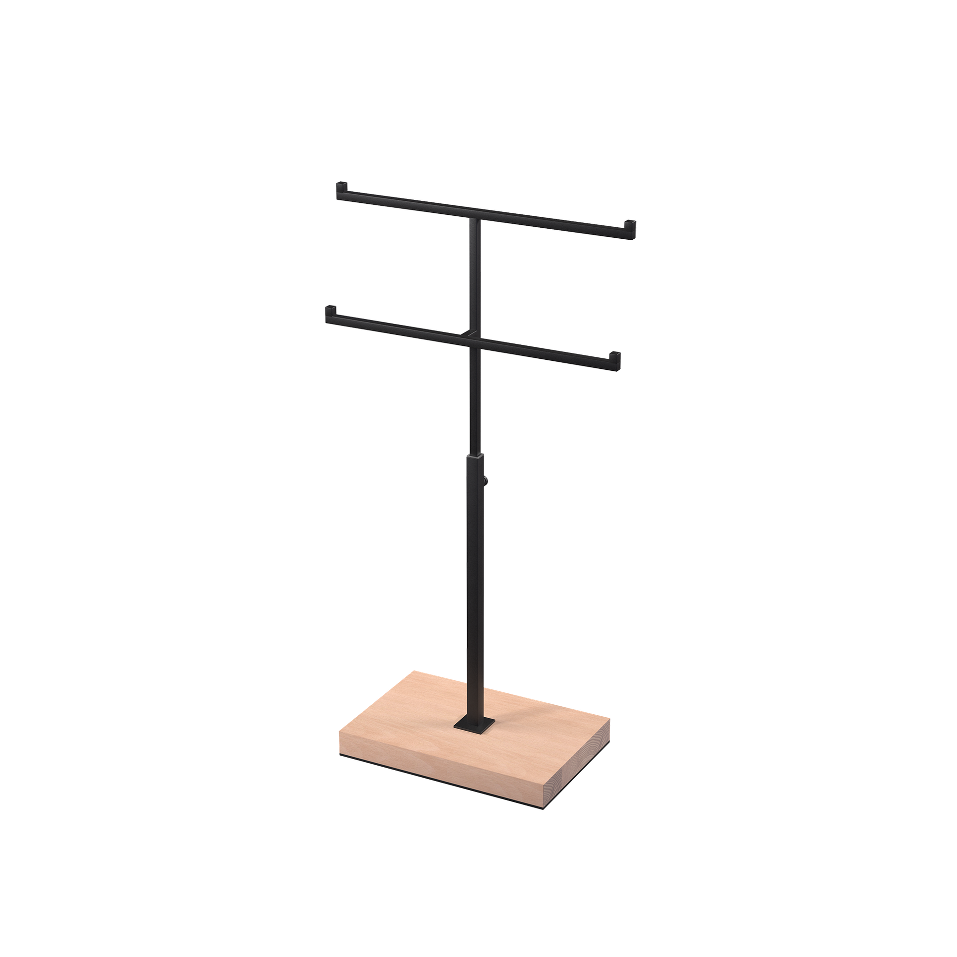 Double T-stand, for jewelry display, black powder-coated steel with wooden base