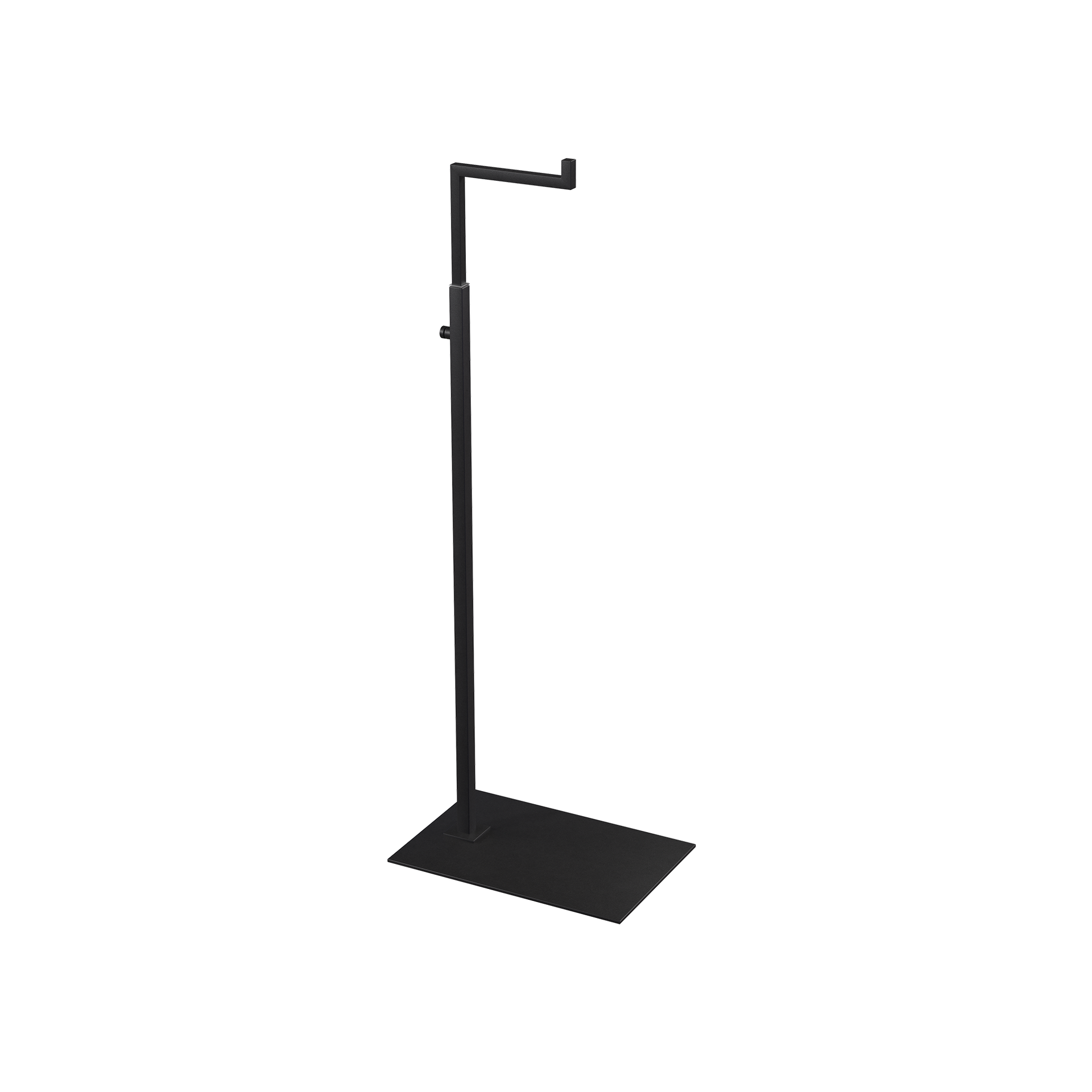 Adjustable L-stand, for displaying leather goods, handbags, and fashion accessories, black powder-coated steel