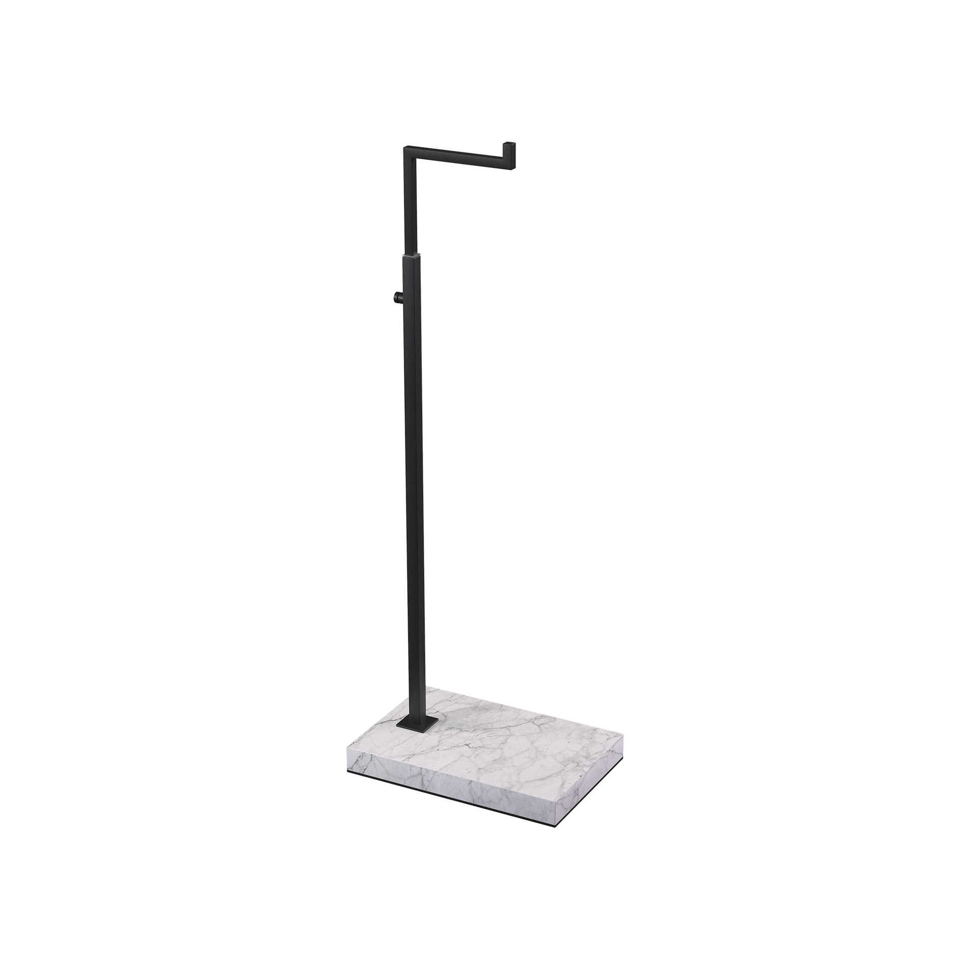 Adjustable L-stand, for displaying leather goods, handbags, and fashion accessories, black powder-coated steel with marble-look base