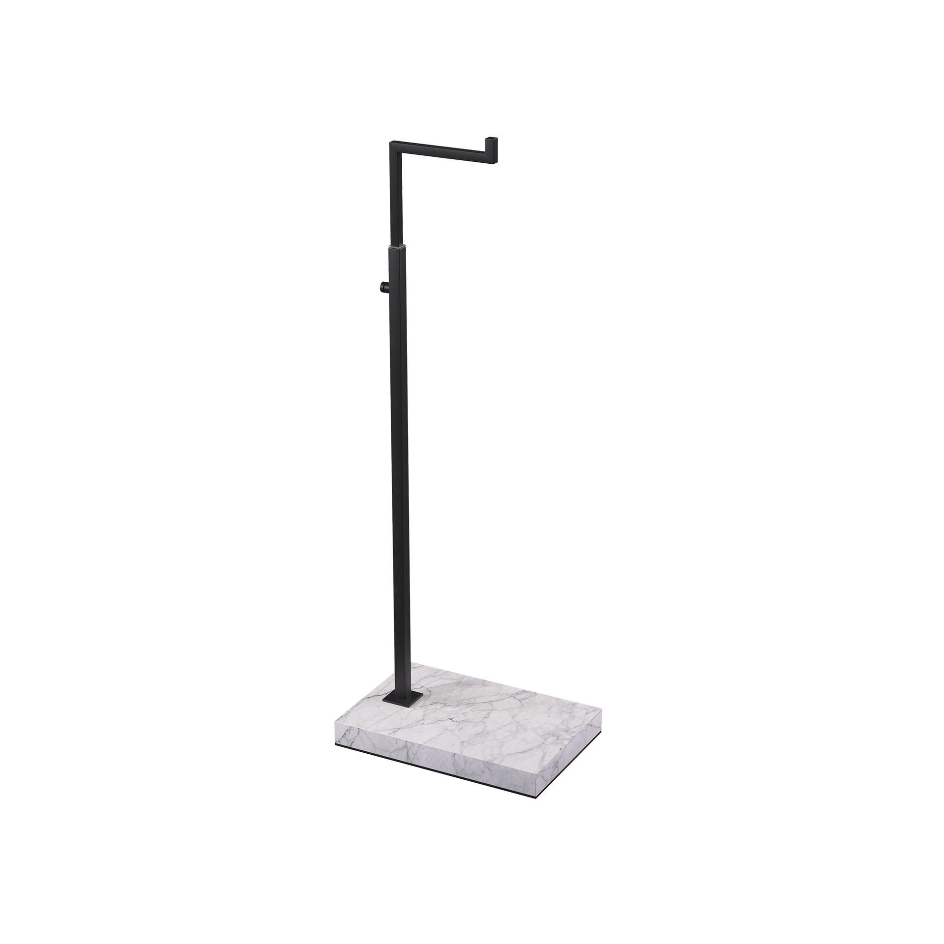 Adjustable L-stand, for displaying leather goods, handbags, and fashion accessories, black powder-coated steel with marble-look base