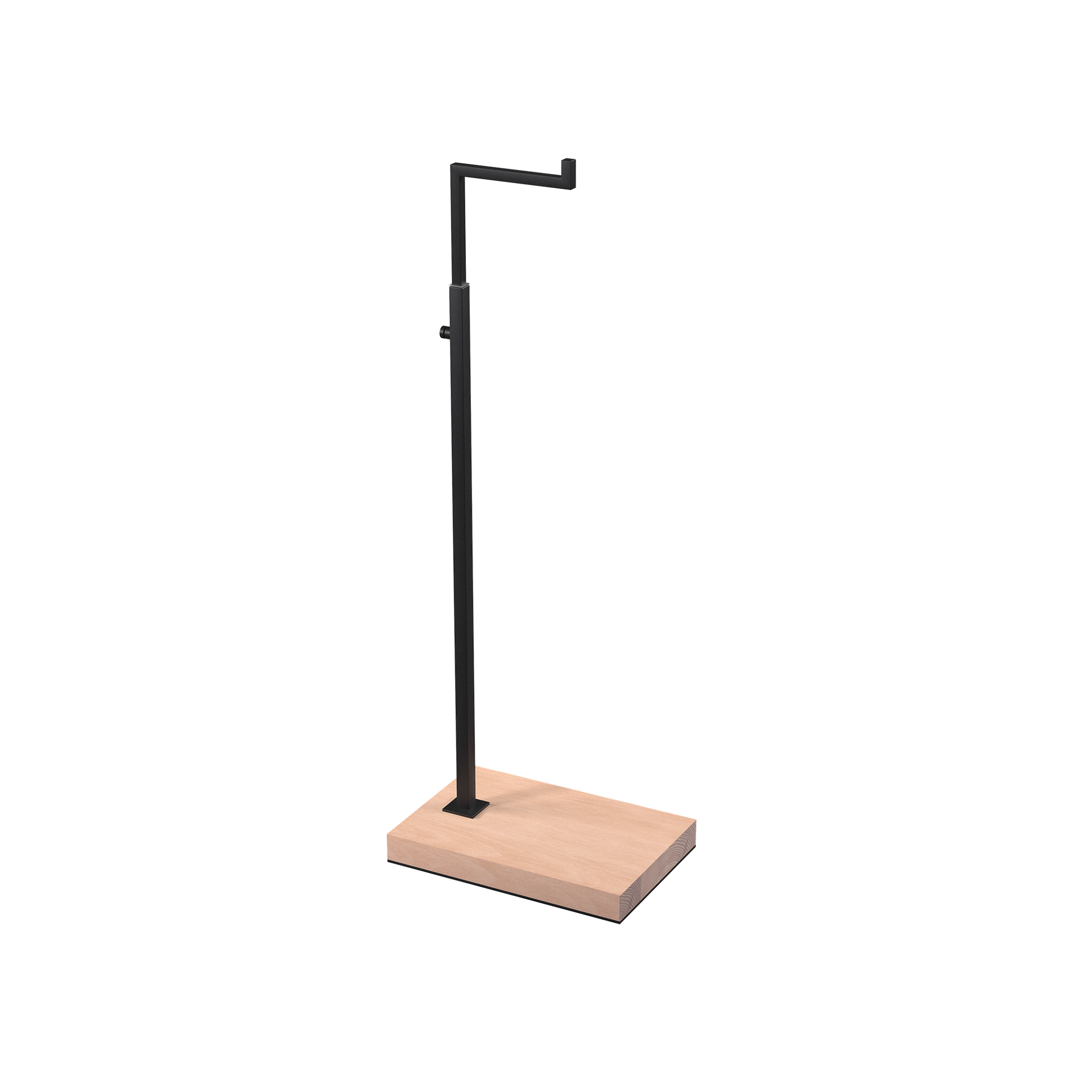 Adjustable L-stand, for displaying leather goods, handbags, and fashion accessories, black powder-coated steel with wooden base