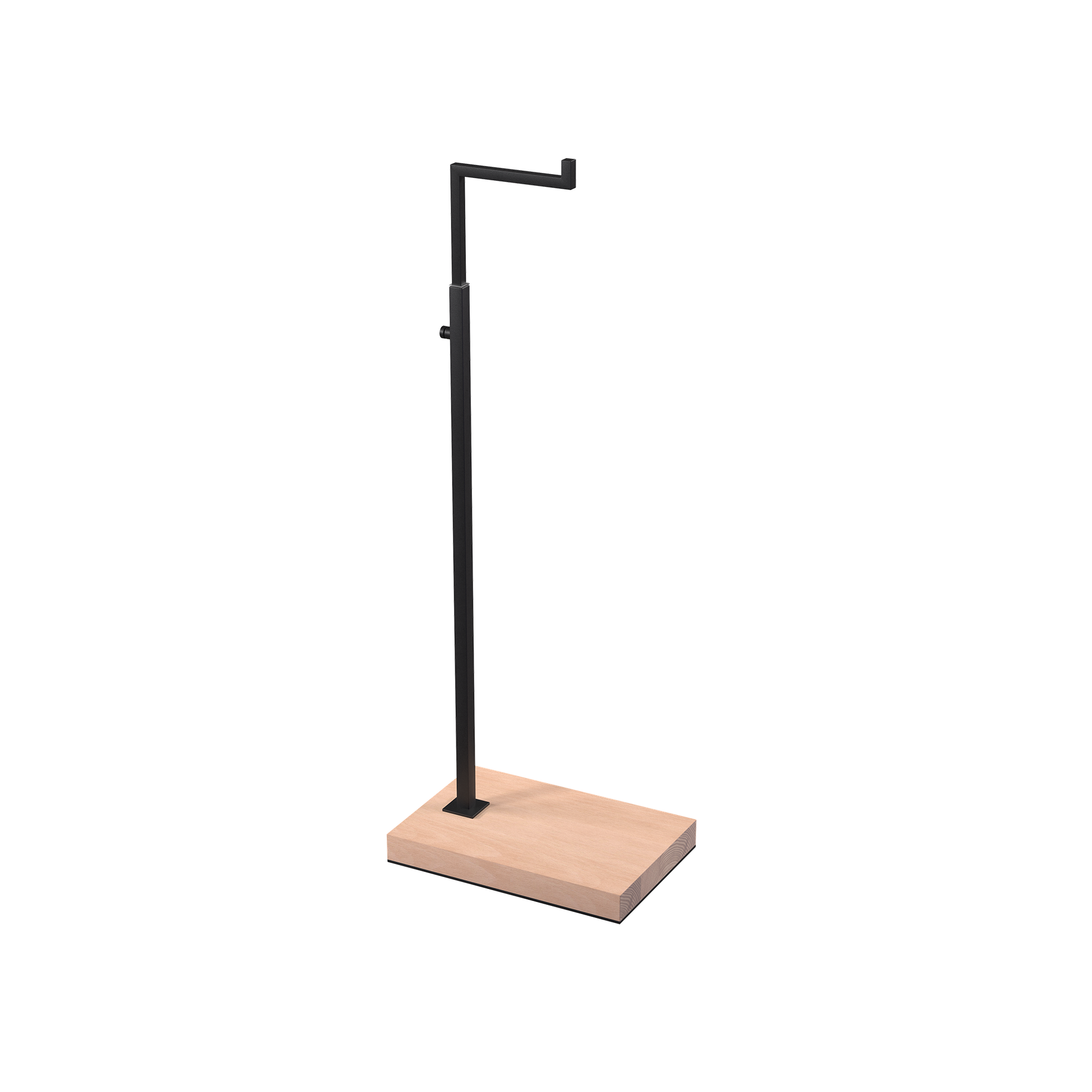 Adjustable L-stand, for displaying leather goods, handbags, and fashion accessories, black powder-coated steel with wooden base