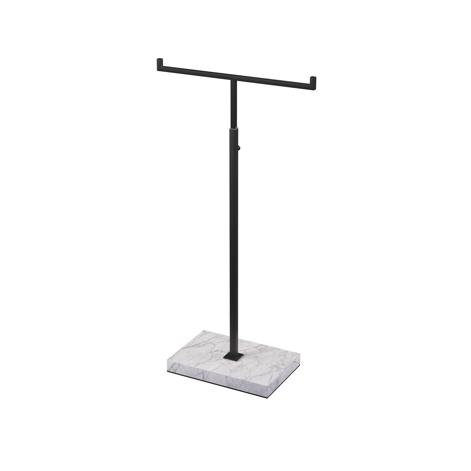 Adjustable T-stand, for displaying (hand)bags, scarves, and jewelry, black powder-coated steel with marble-look base