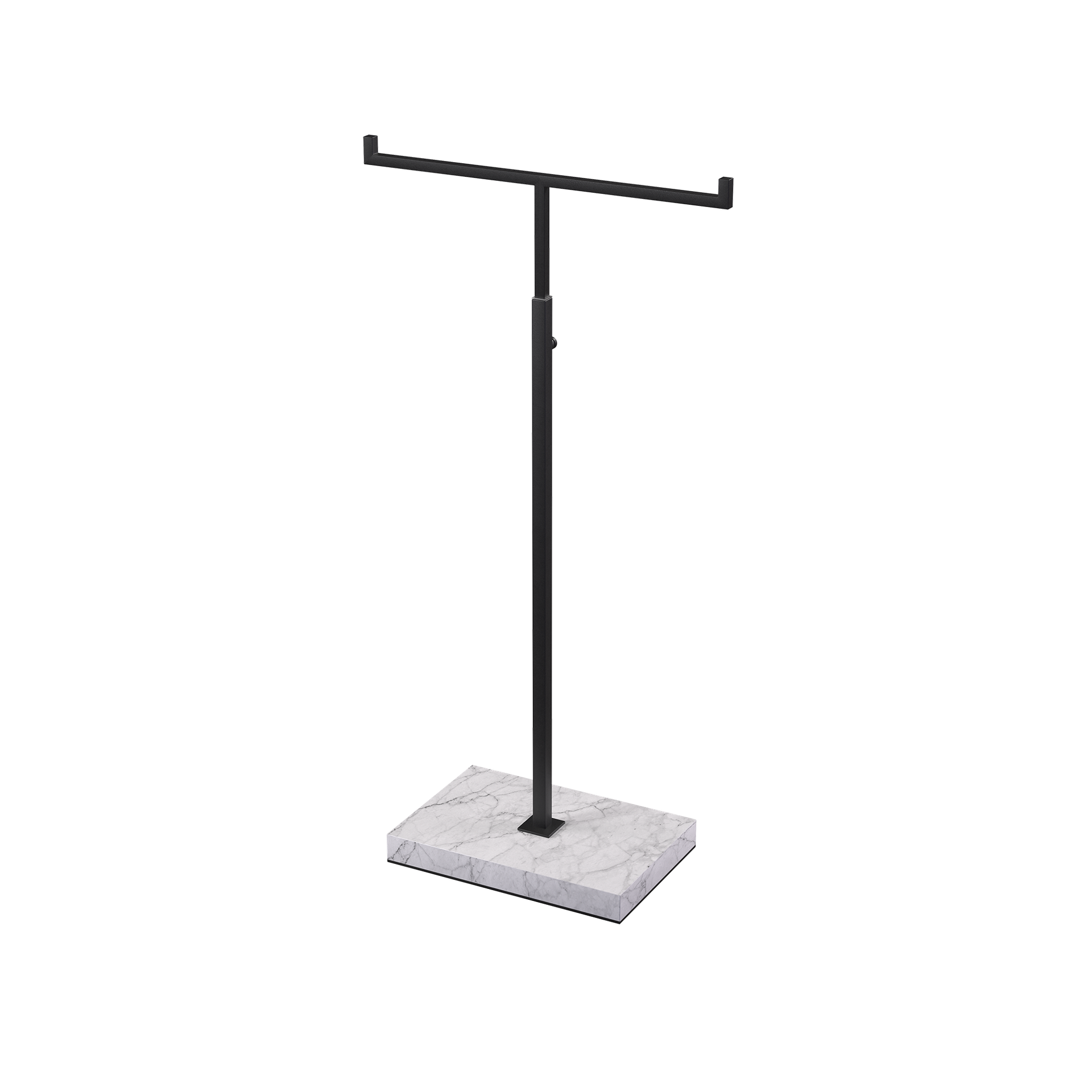 Adjustable T-stand, for displaying (hand)bags, scarves, and jewelry, black powder-coated steel with marble-look base