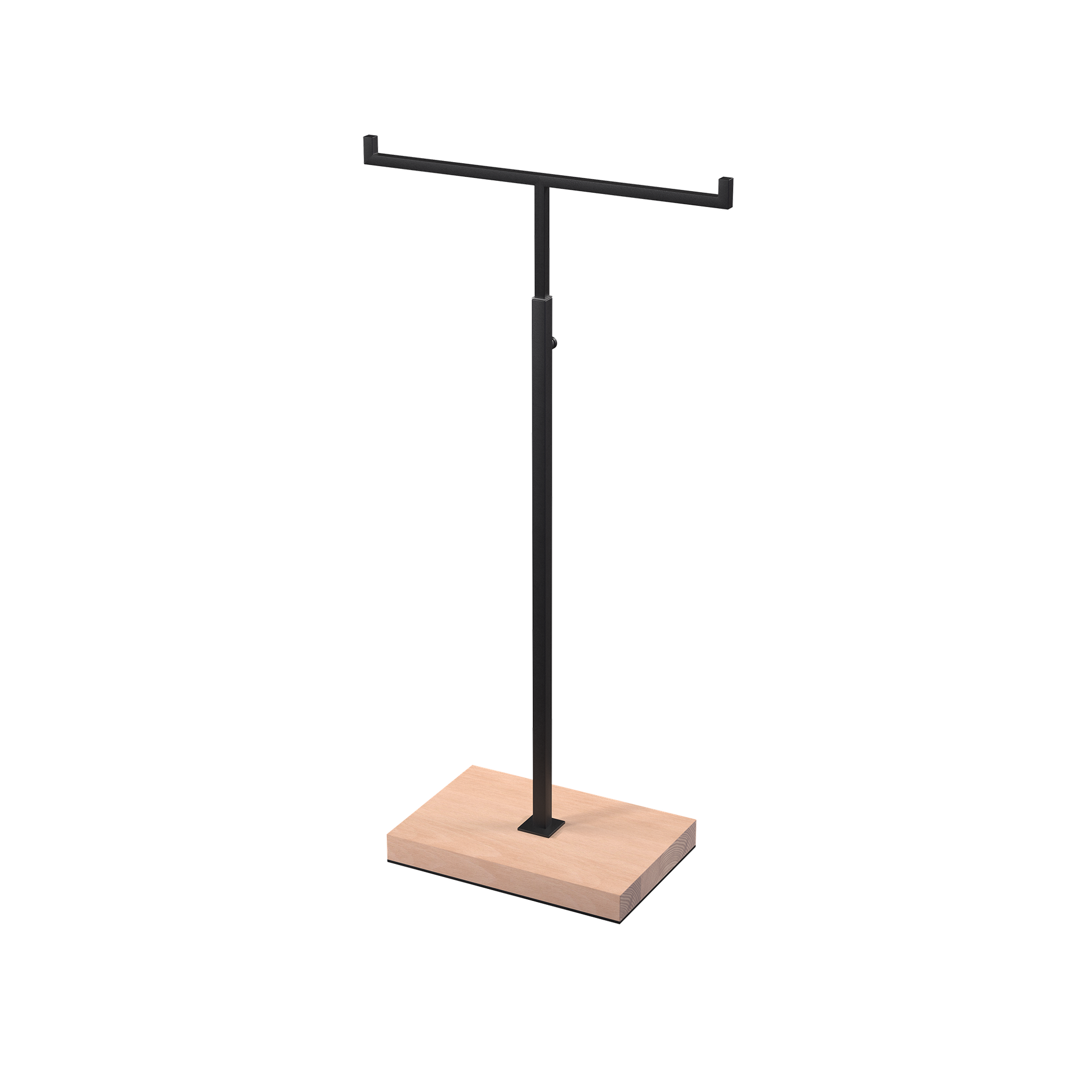 Adjustable T-stand, for displaying (hand)bags, scarves, and jewelry, black powder-coated steel with wooden base