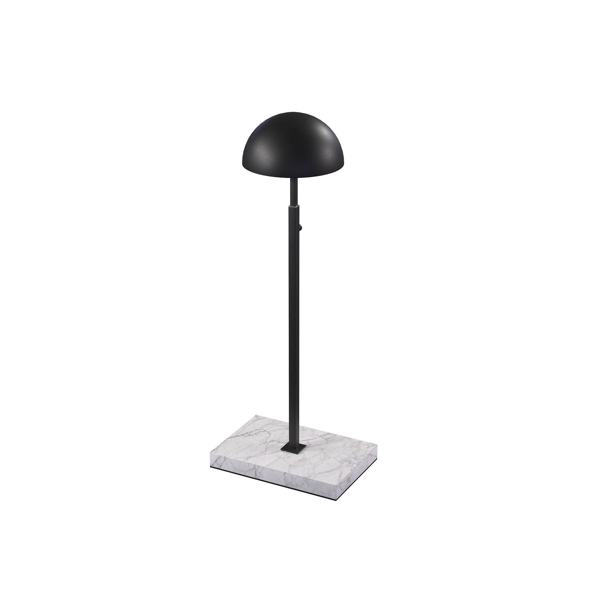 Hat display stand, for displaying hats and caps, black powder-coated steel with marble-look base