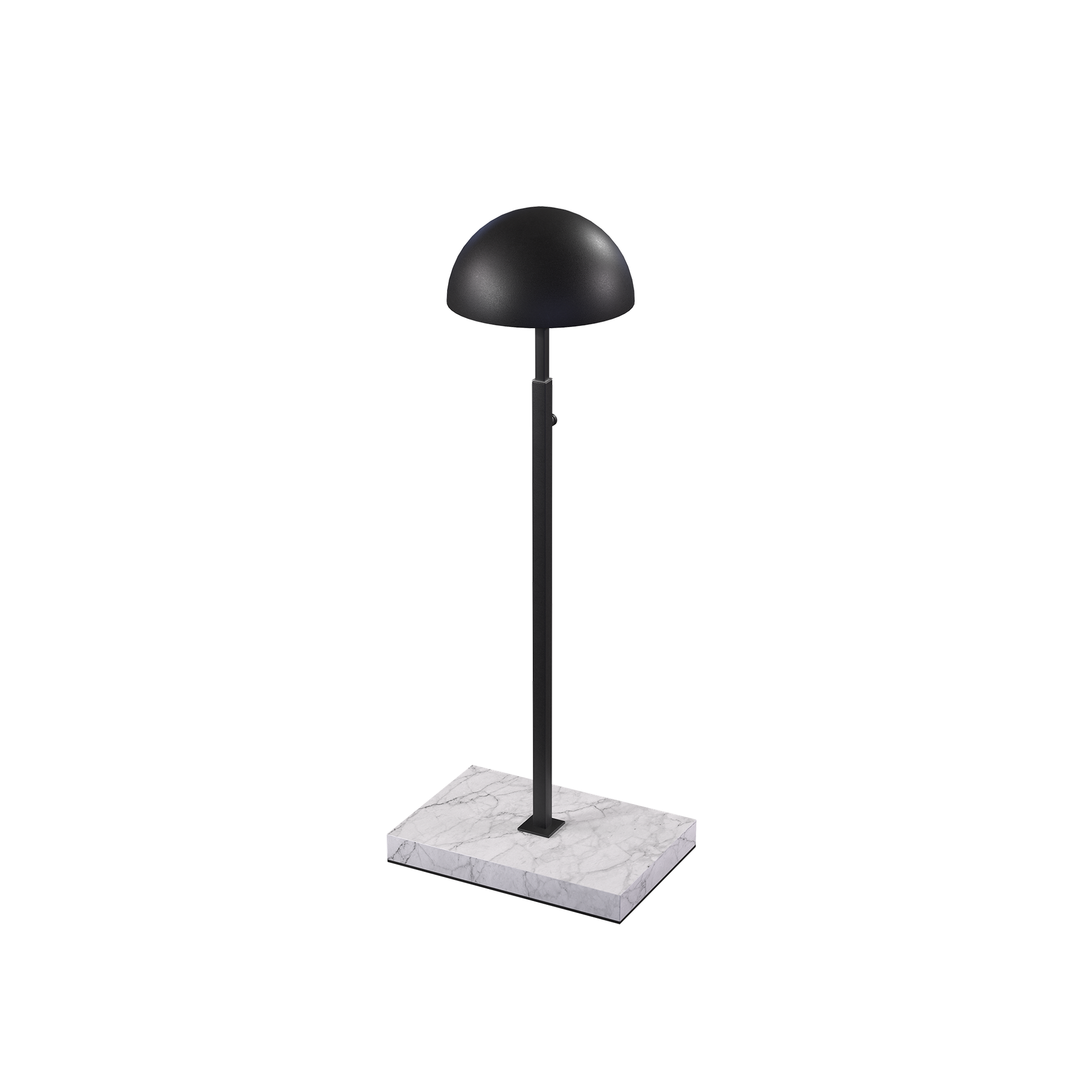 Hat display stand, for displaying hats and caps, black powder-coated steel with marble-look base