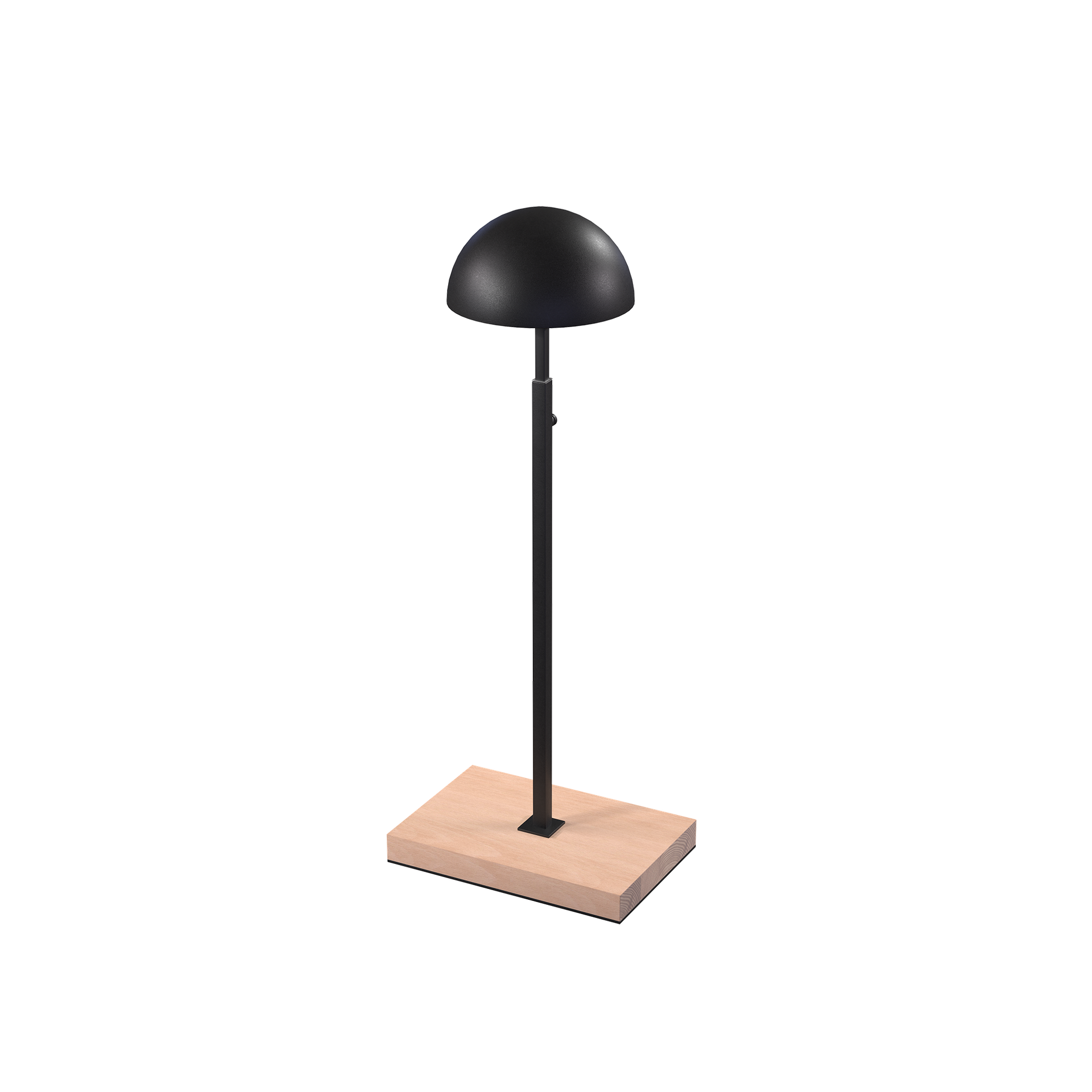 Hat display stand, for displaying hats and caps, black powder-coated steel with wooden base