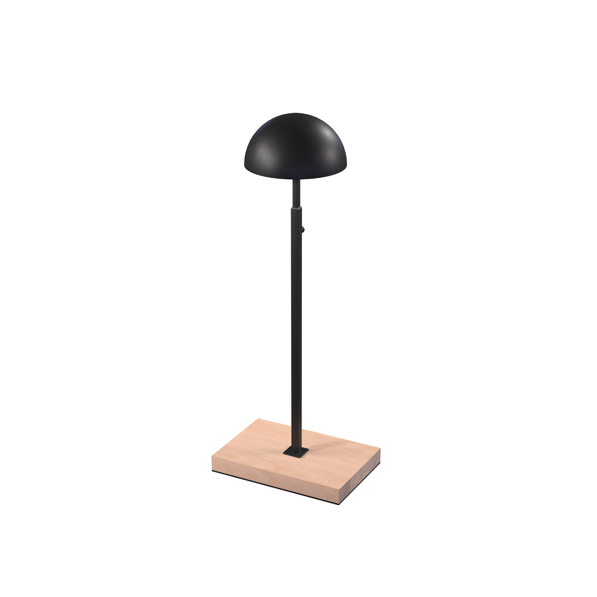 Hat display stand, for displaying hats and caps, black powder-coated steel with wooden base