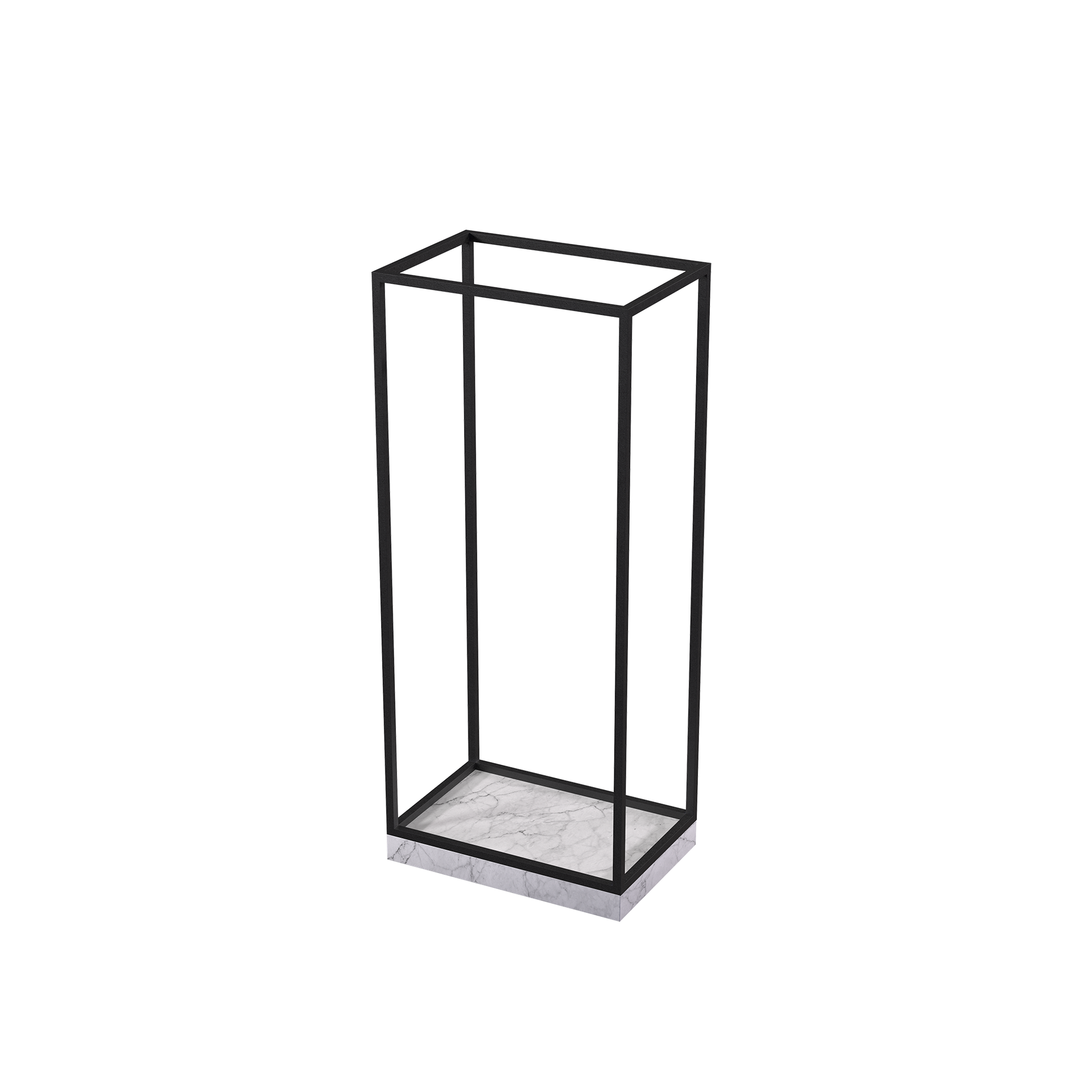 Universal accessories display, for displaying (hand)bags, scarves, jewelry, glasses, shoes, black powder-coated steel with marble-look base