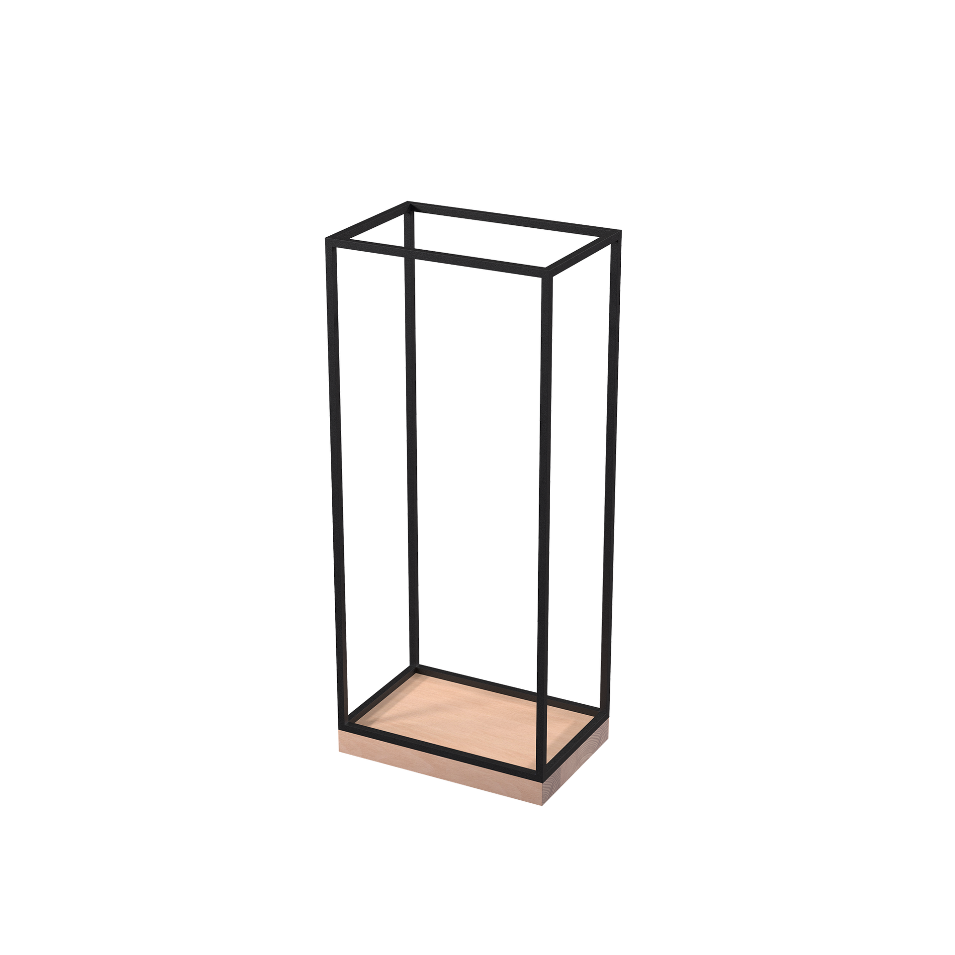 Universal accessories display, for displaying (hand)bags, scarves, jewelry, glasses, shoes, black powder-coated steel with wooden base