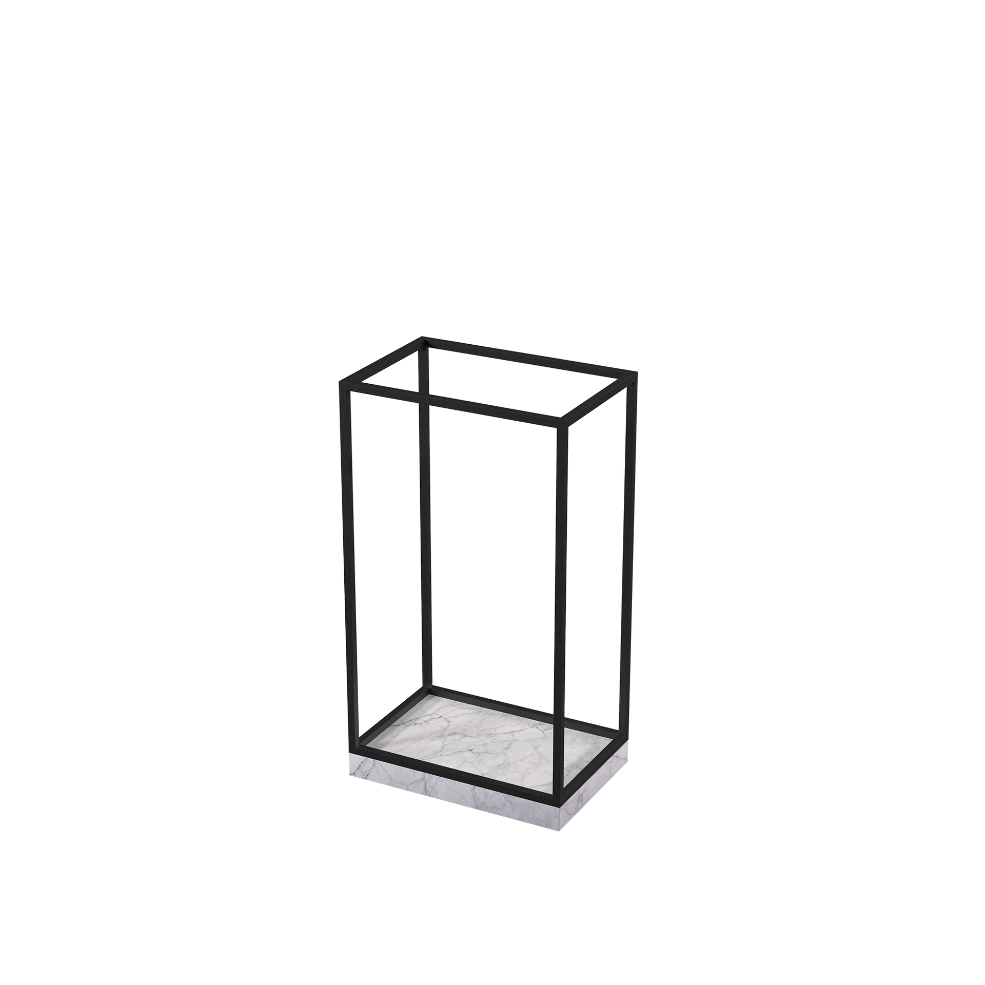 Universal accessories display, for displaying (hand)bags, scarves, jewelry, glasses, shoes, black powder-coated steel with marble-look base