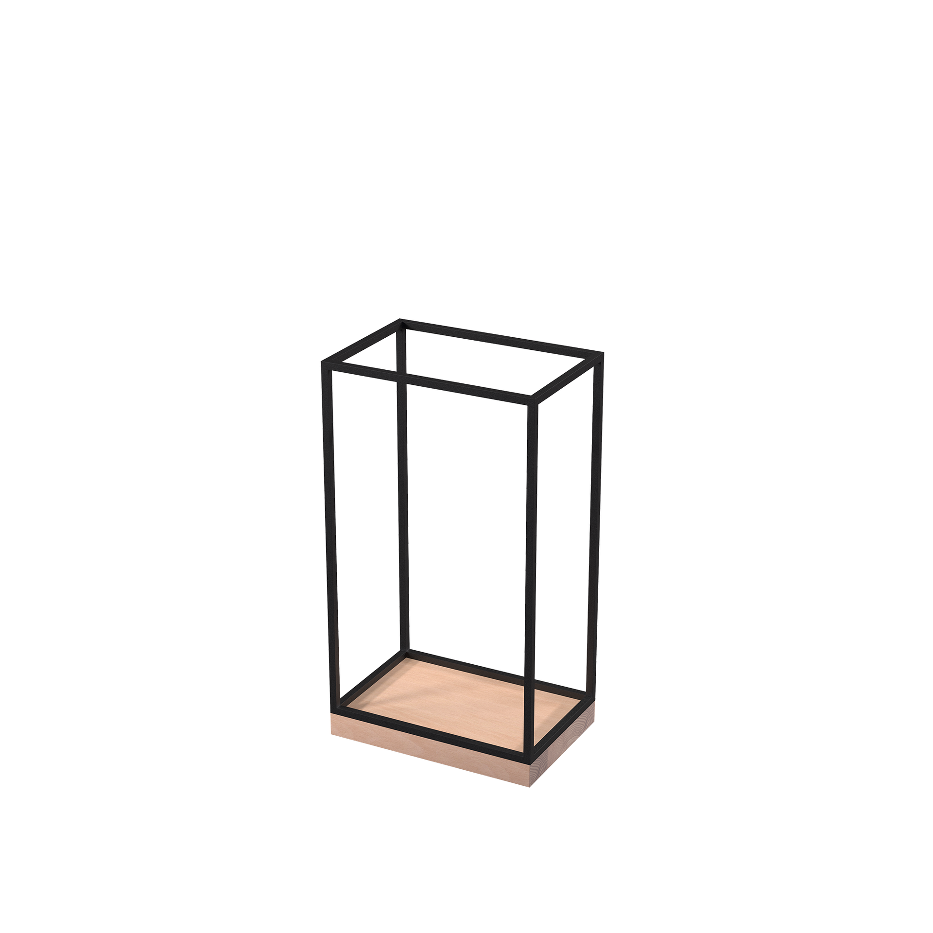 Universal accessories display, for displaying (hand)bags, scarves, jewelry, glasses, shoes, black powder-coated steel with wooden base