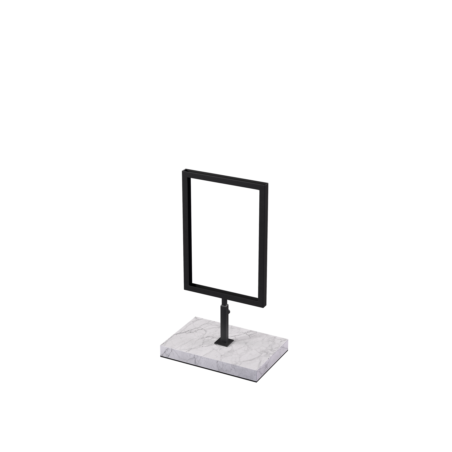 A5 info display, adjustable height, black powder-coated steel with marble-look base