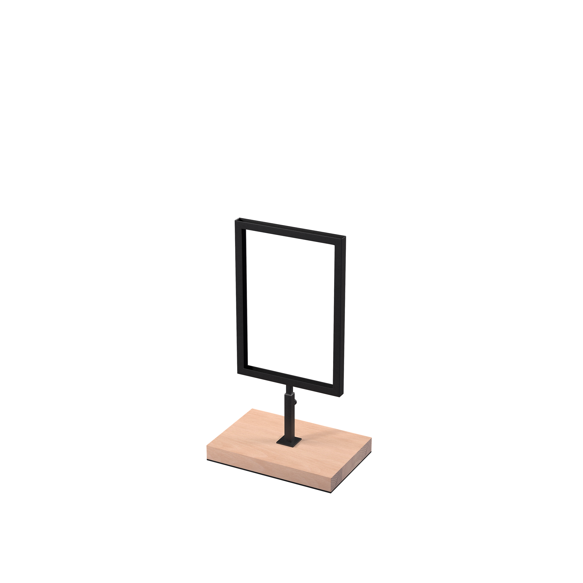 A5 info display, adjustable height, black powder-coated steel with wooden base