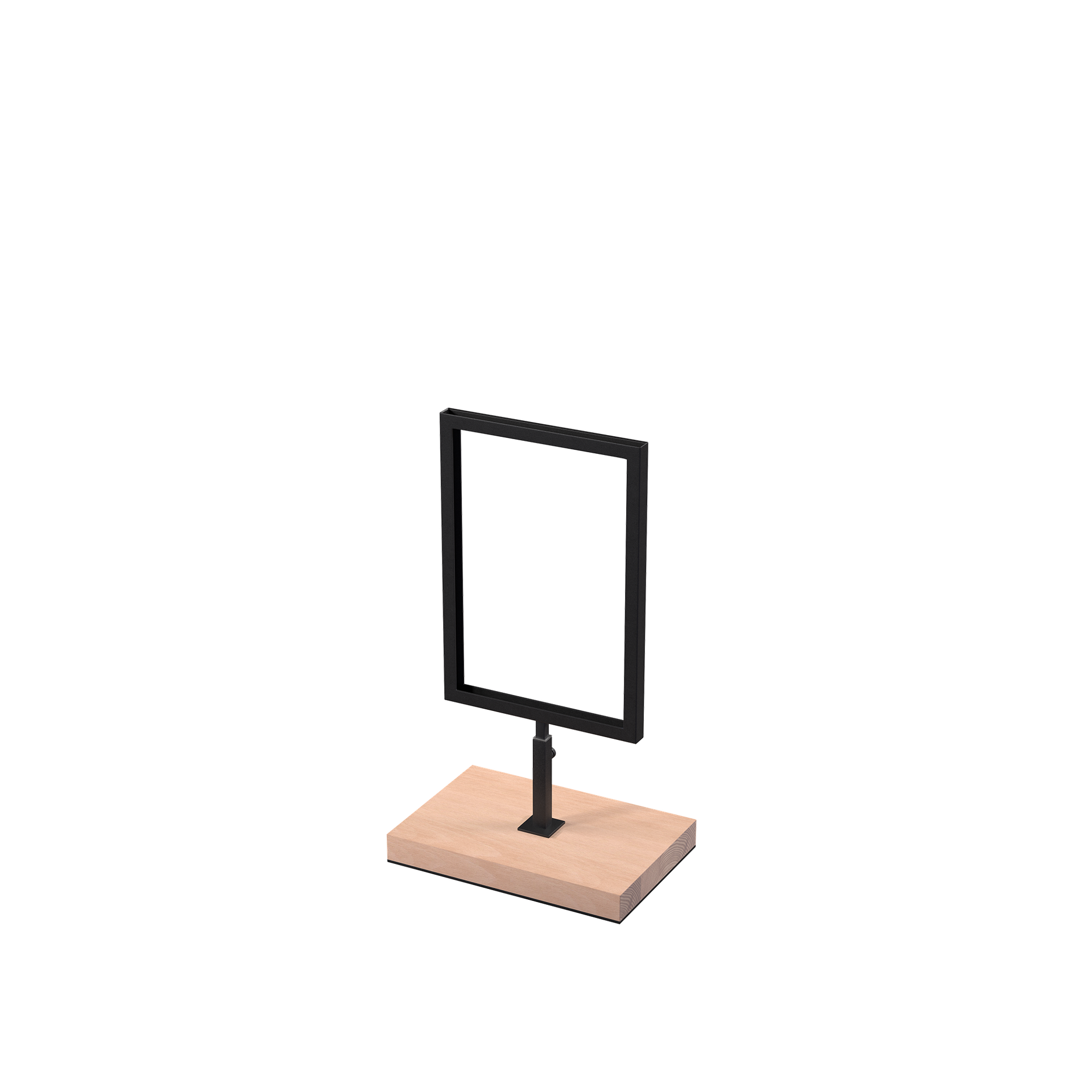 A5 info display, adjustable height, black powder-coated steel with wooden base